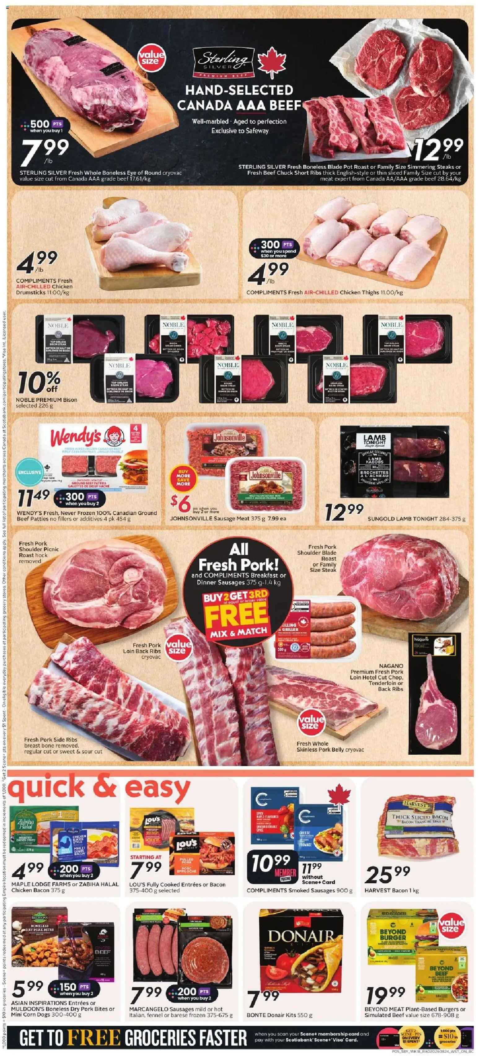 Safeway flyer valid from Aug 27, 2026 | Page: 8 | Products: Sausages, Meat, Chicken strips, Cheese