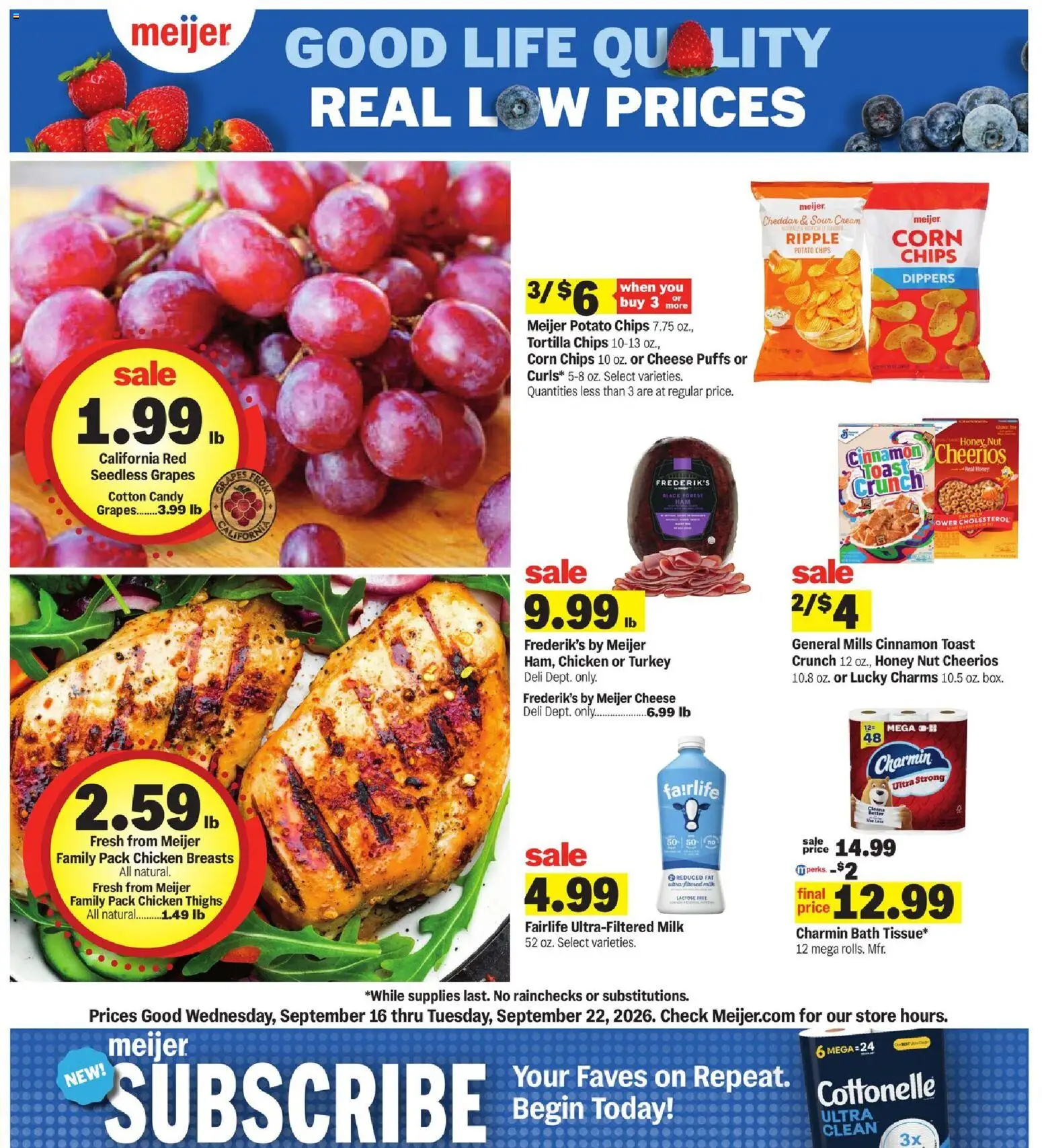 Meijer Weekly Ad - valid from 09/16/2026 | Page: 1 | Products: Potato chips, Chicken thighs, Cream, Seedless grapes