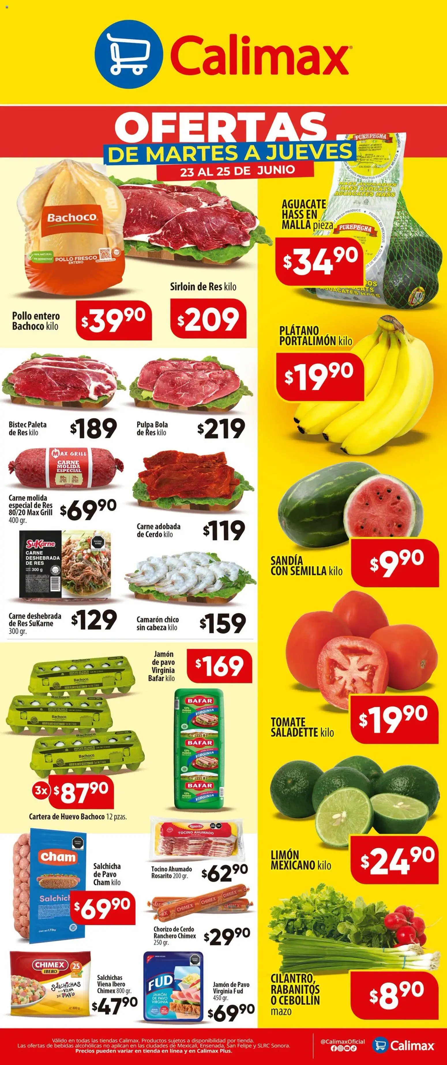 Nuevas ofertas de Calimax válidas en toda la República Mexicana desde el 23/06/2026. ¡Encuentra las mejores ofertas en Calimax folleto! | Página: 1 | Productos: Plátano, Huevo, Jamón, Res