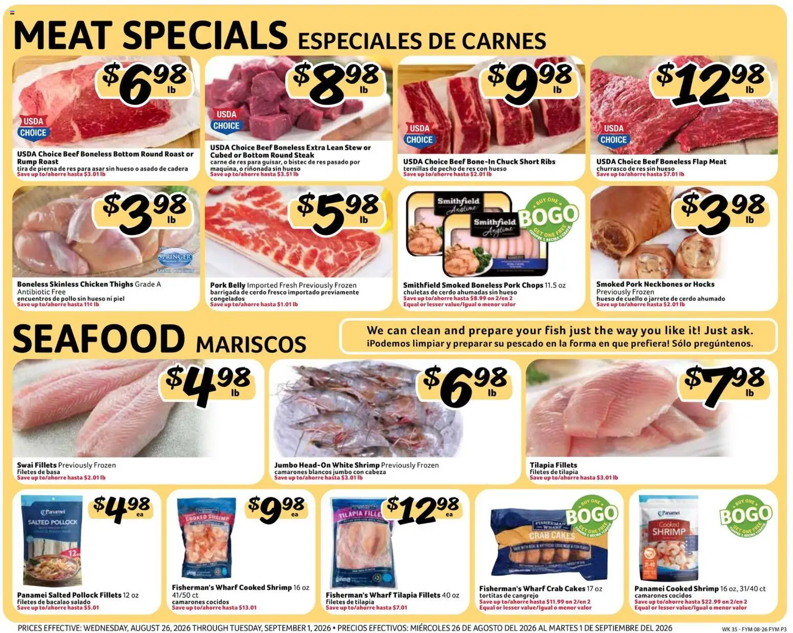 Fresco y Más Weekly Ad - valid from 08/26/2026 | Page: 3 | Products: Chicken, Pork belly, Tilapia, Chicken thighs