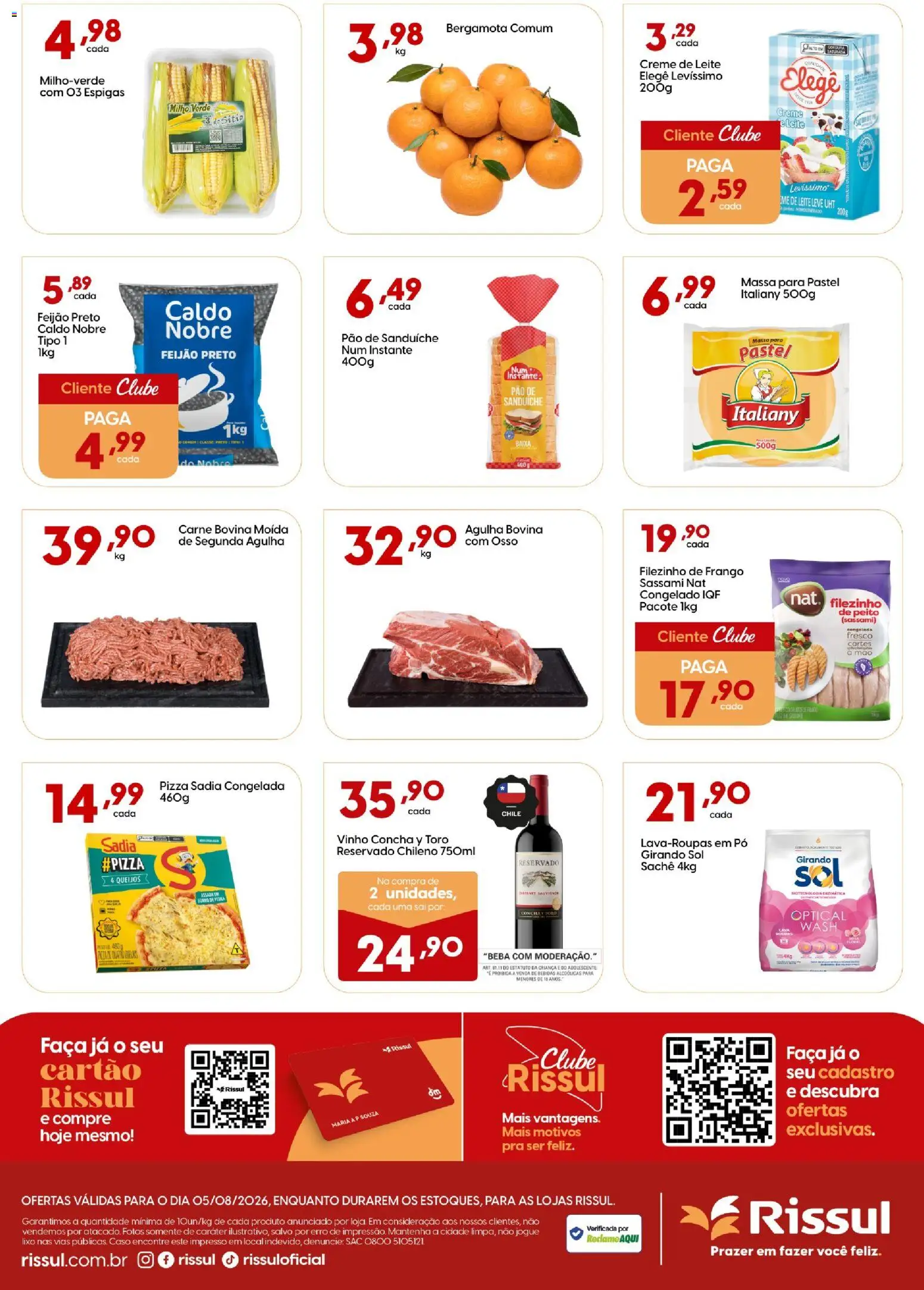 Rissul Folheto - válido de 05/08/2026 | Página: 2 | Produtos: Milho verde, Leite, Pão, Creme de leite