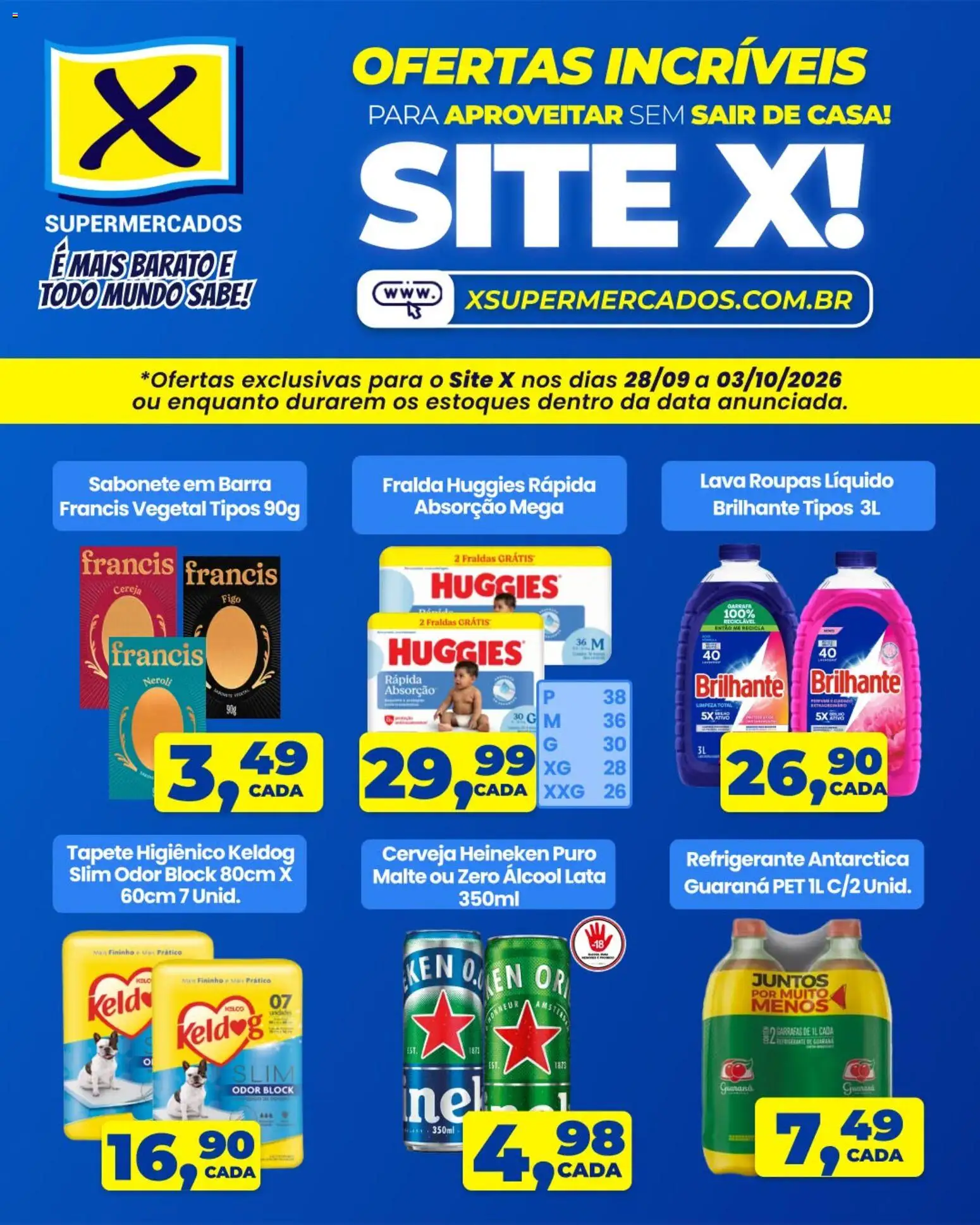 X Supermercados Folheto - válido de 28/09/2026 | Página: 1 | Produtos: Guaraná, Cerveja, Cerveja Heineken, Fraldas