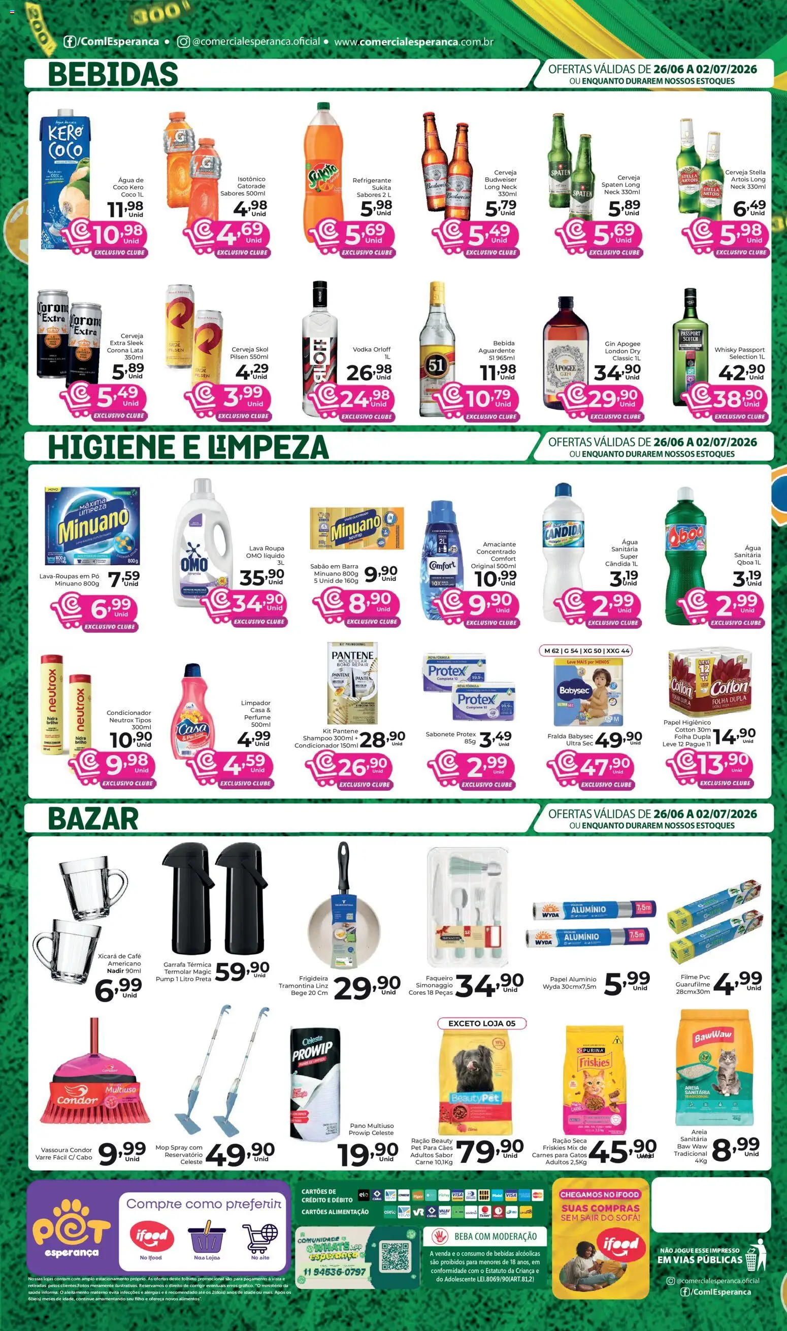 Comercial Esperança Folheto - válido de 26/06/2026 | Página: 4 | Produtos: Mandioca, Cachaça, Leite, Queijo