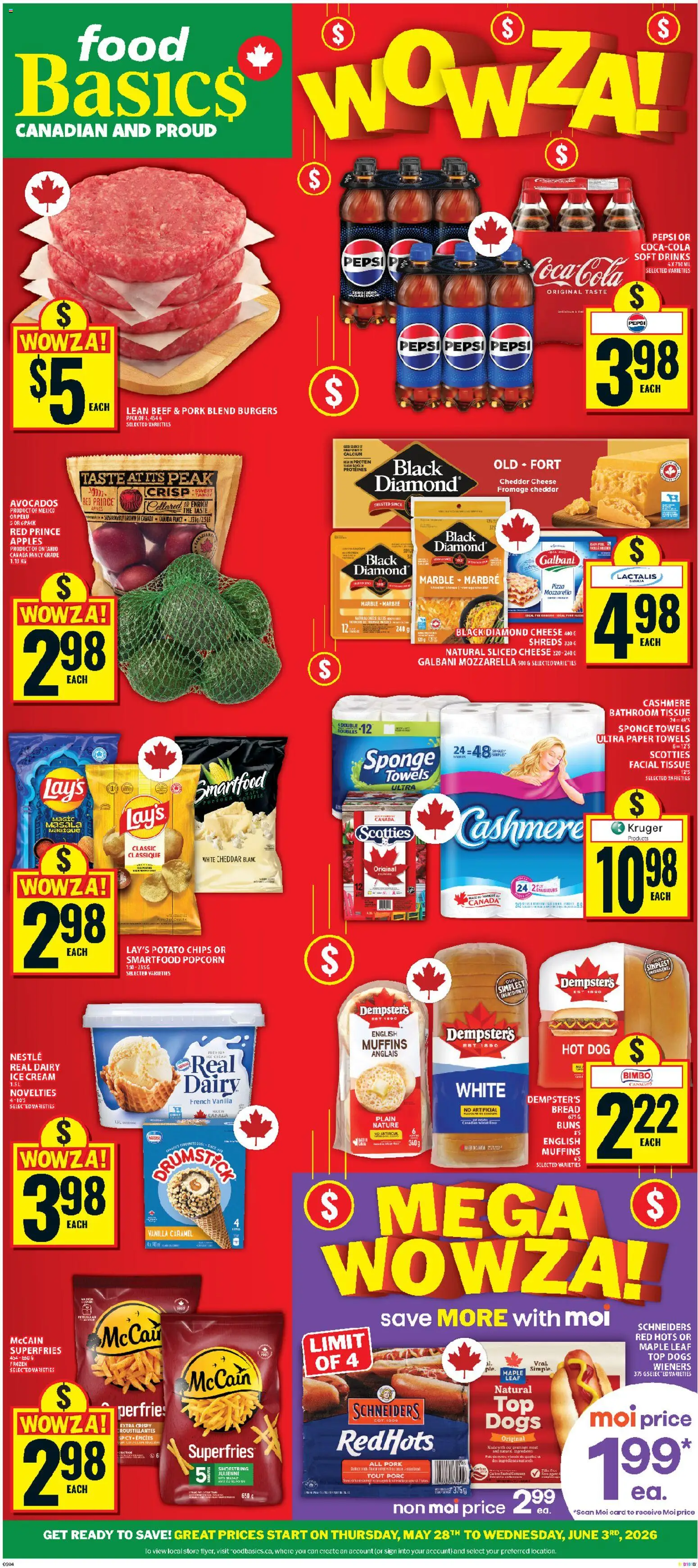 Food Basics flyer valid from 28.05.2026 | Page: 1 | Products: Ice cream, Cheese, Pork, Apples