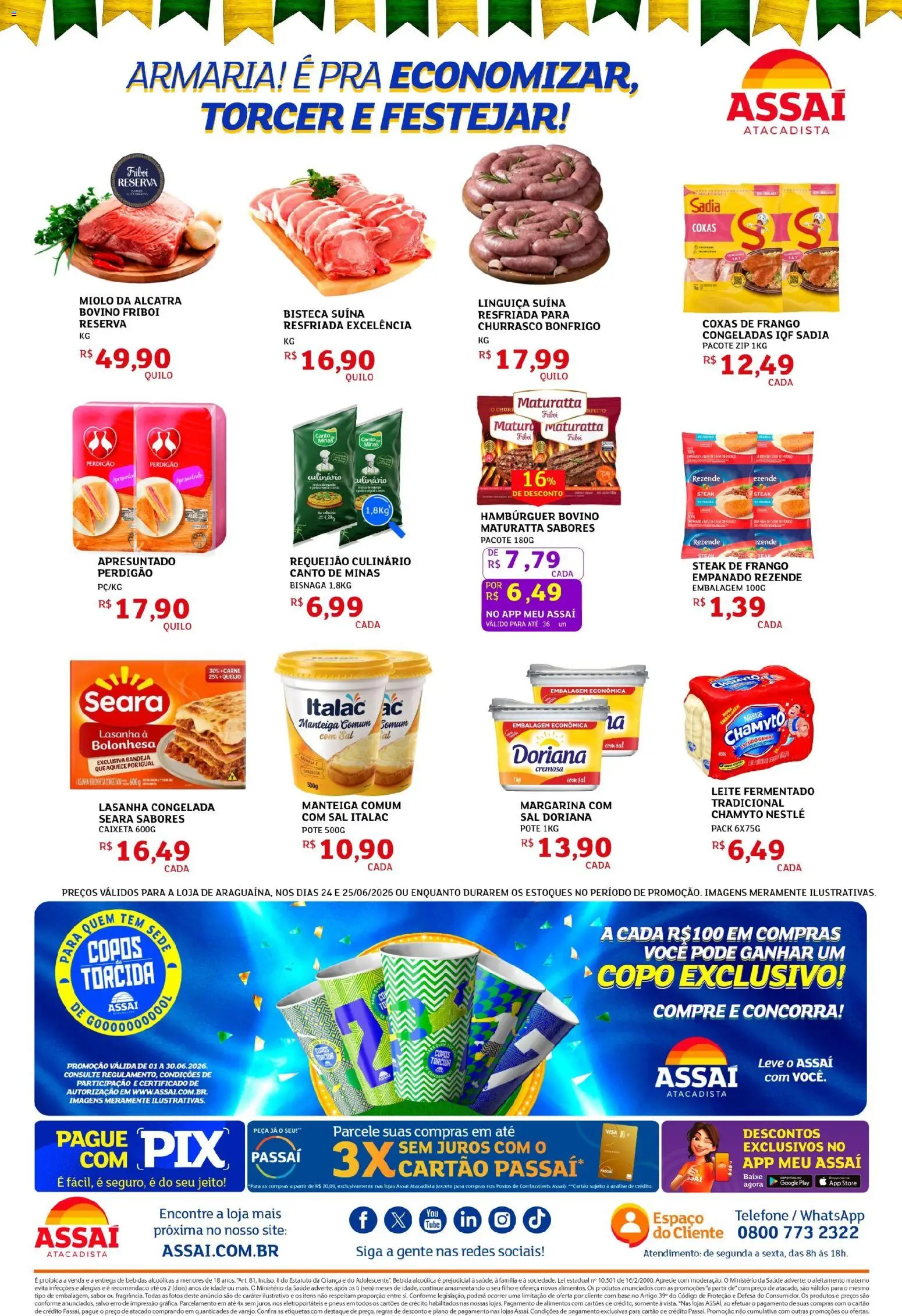 Assaí Atacadista Folheto - válido de 24/06/2026 | Página: 2 | Produtos: Doriana, Linguiça, Manteiga, Copos