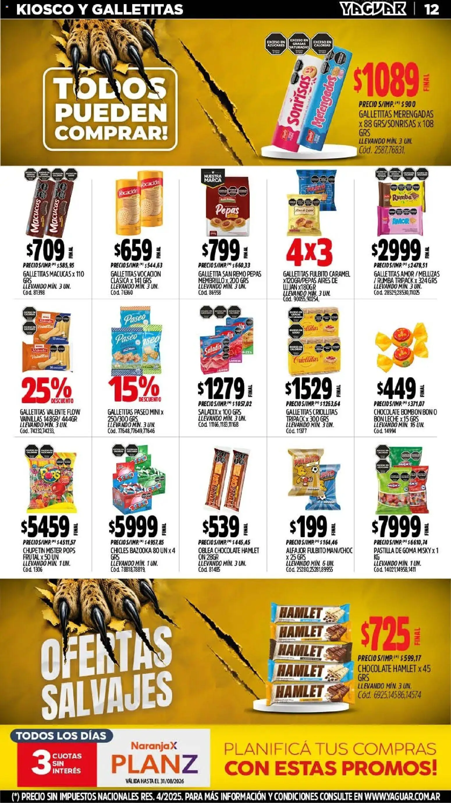 Yaguar - Oferta Semanal Mar del Plata │ válido desde el 03/08/2026 | Página: 12 | Productos: Galletitas, Chicles, Leche, Chocolate