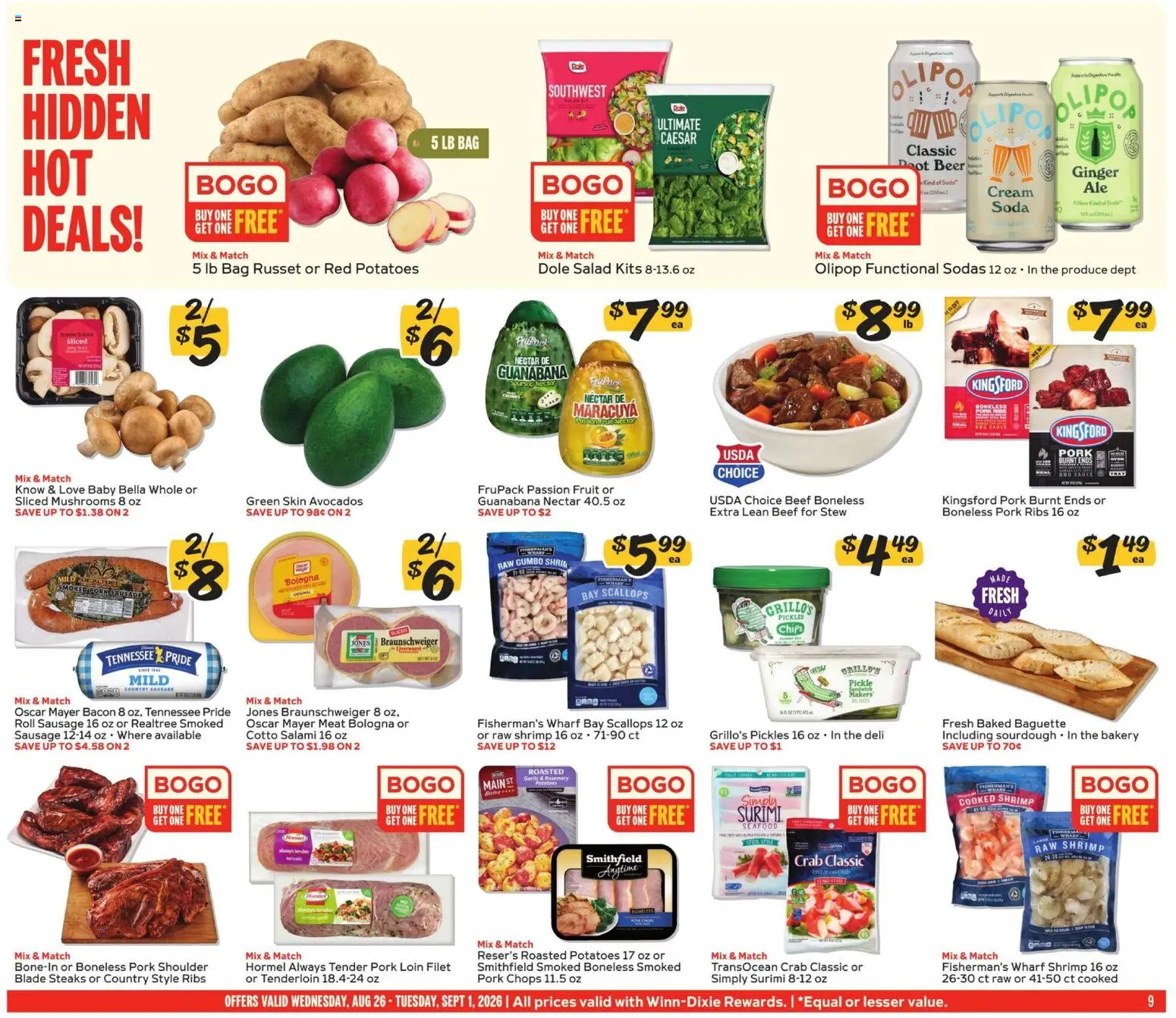 Winn Dixie Weekly Ad - valid from 08/26/2026 | Page: 9 | Products: Boneless pork shoulder, Salad, Seafood, Bag