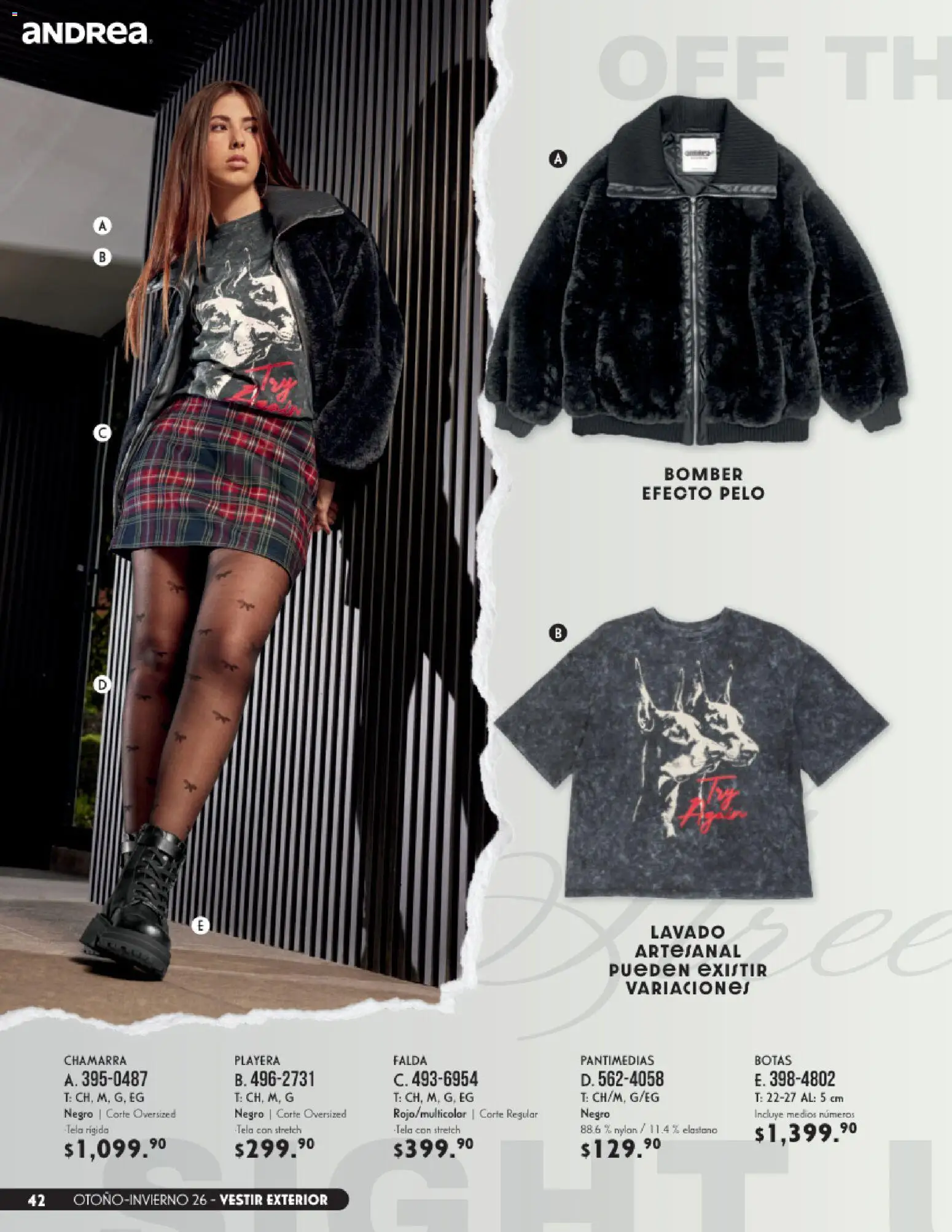 Nuevas ofertas de Andrea válidas en toda la República Mexicana desde el 23/08/2026. ¡Encuentra las mejores ofertas en Andrea catálogo Vestir! | Página: 42 | Productos: Botas, Chamarra, Playera, Falda