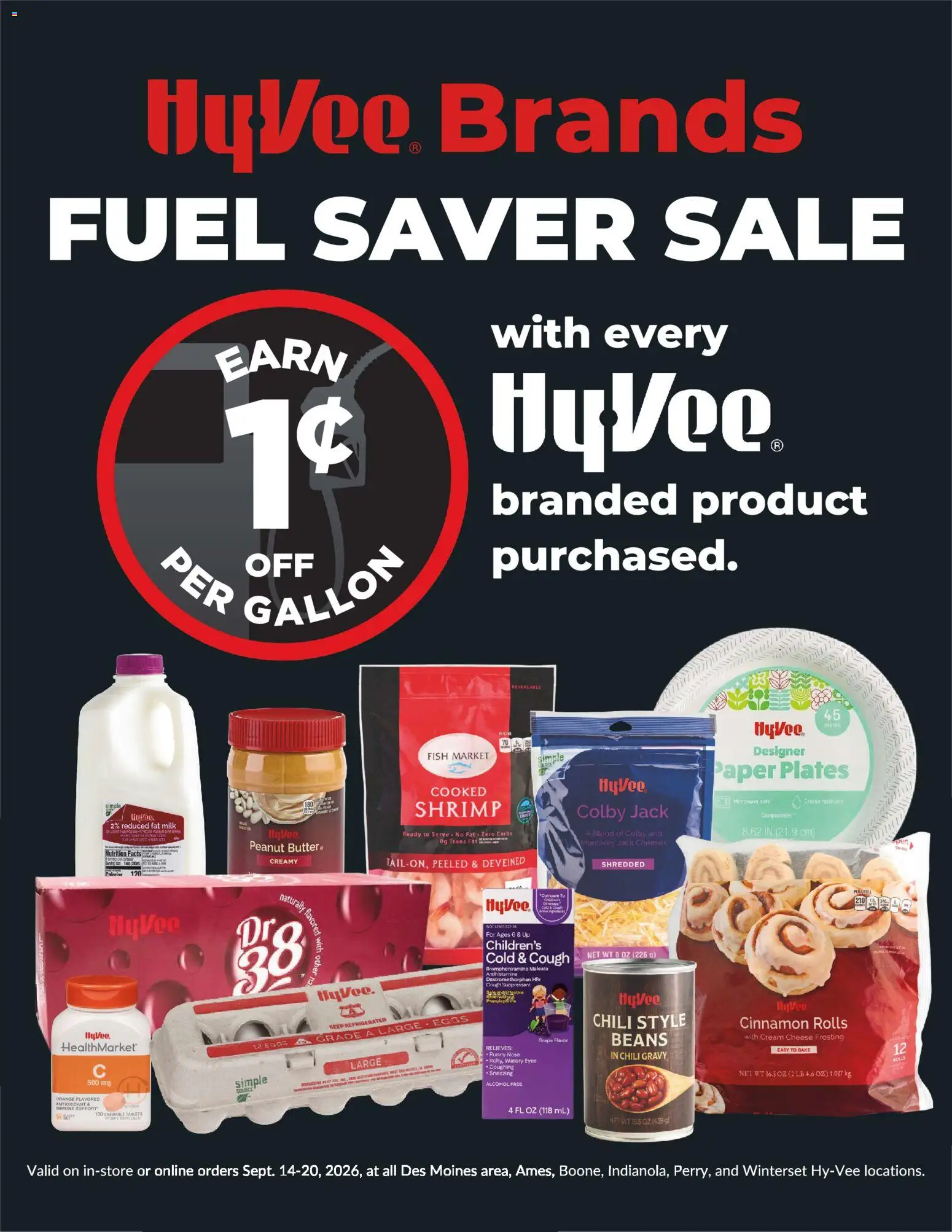 HyVee Hy-Vee Brands Fuel Saver Sale - valid from 09/14/2026 | Page: 1 | Products: Milk, Butter, Cheese, Paper plates