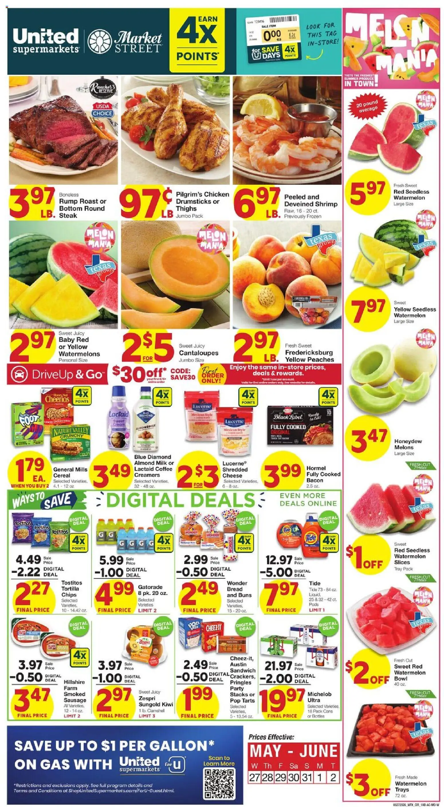 United Supermarkets Weekly Ad - valid from 27.05.2026 | Page: 1 | Products: Milk, Cheese, Kiwi, Melon