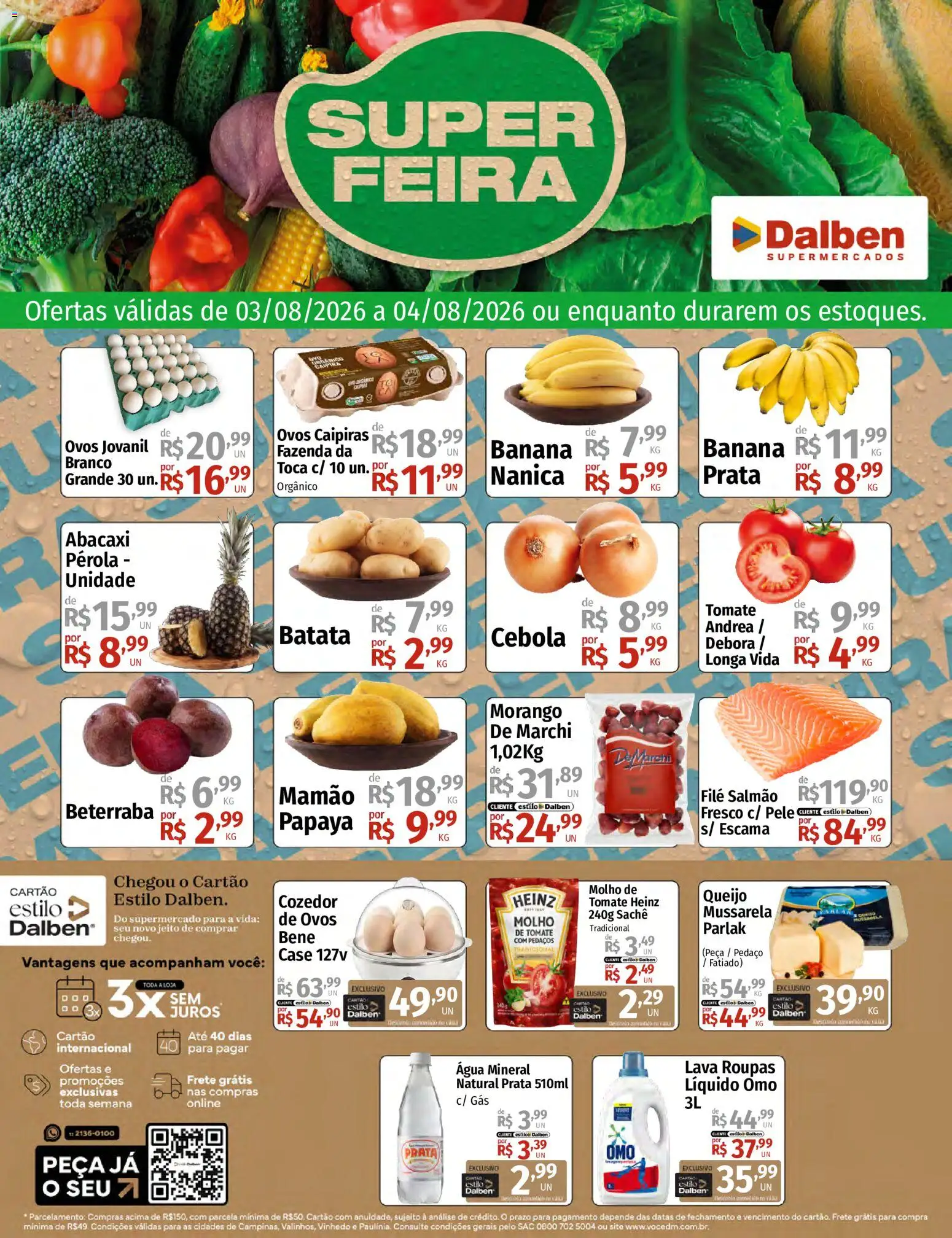 Supermercado Dalben Folheto - válido de 03/08/2026 | Página: 1 | Produtos: Salmão, Molho de tomate, Queijo, Mamão