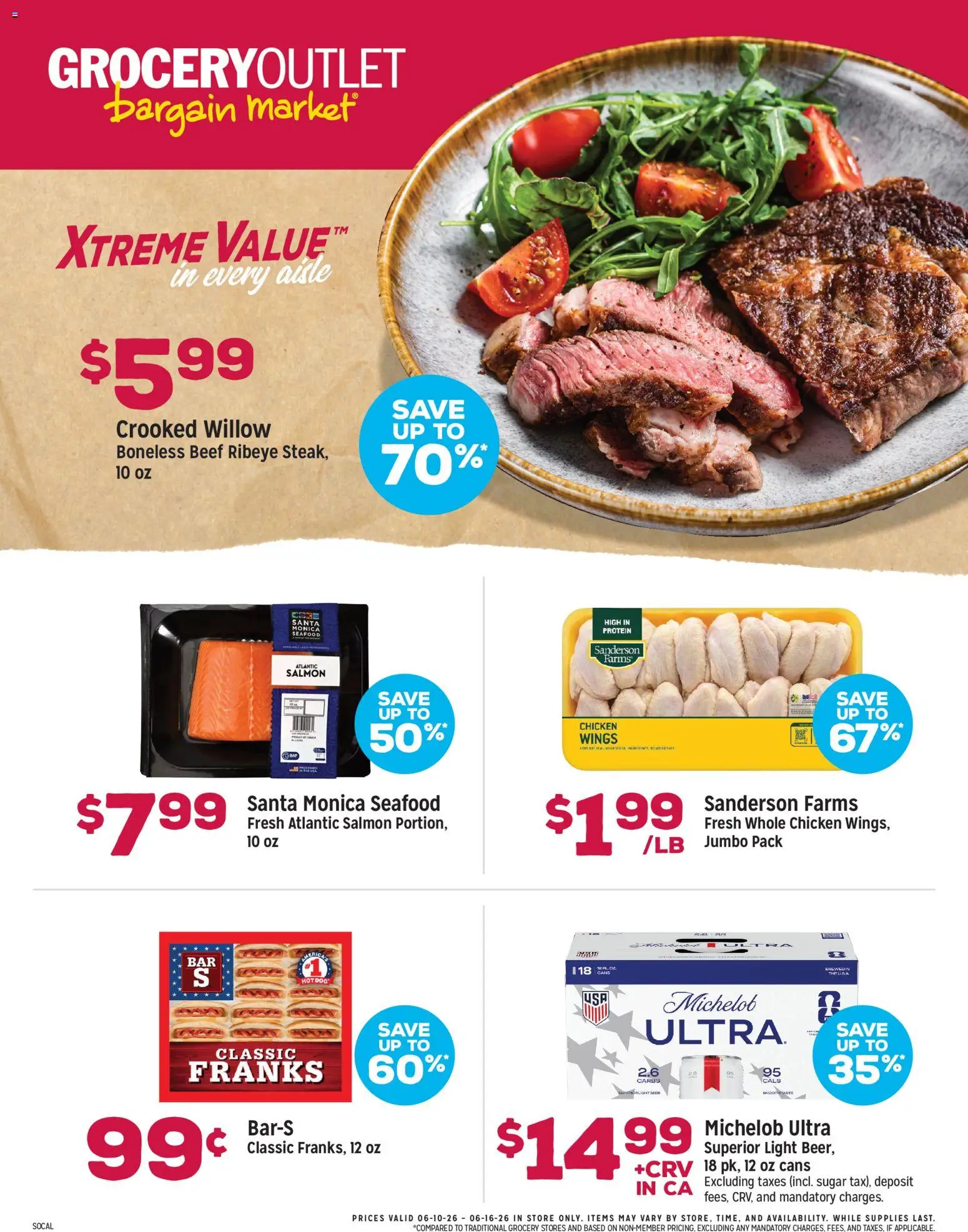 Grocery Outlet Weekly Ad - CA - valid from 10.06.2026 | Page: 1 | Products: Beef, Sugar, Seafood