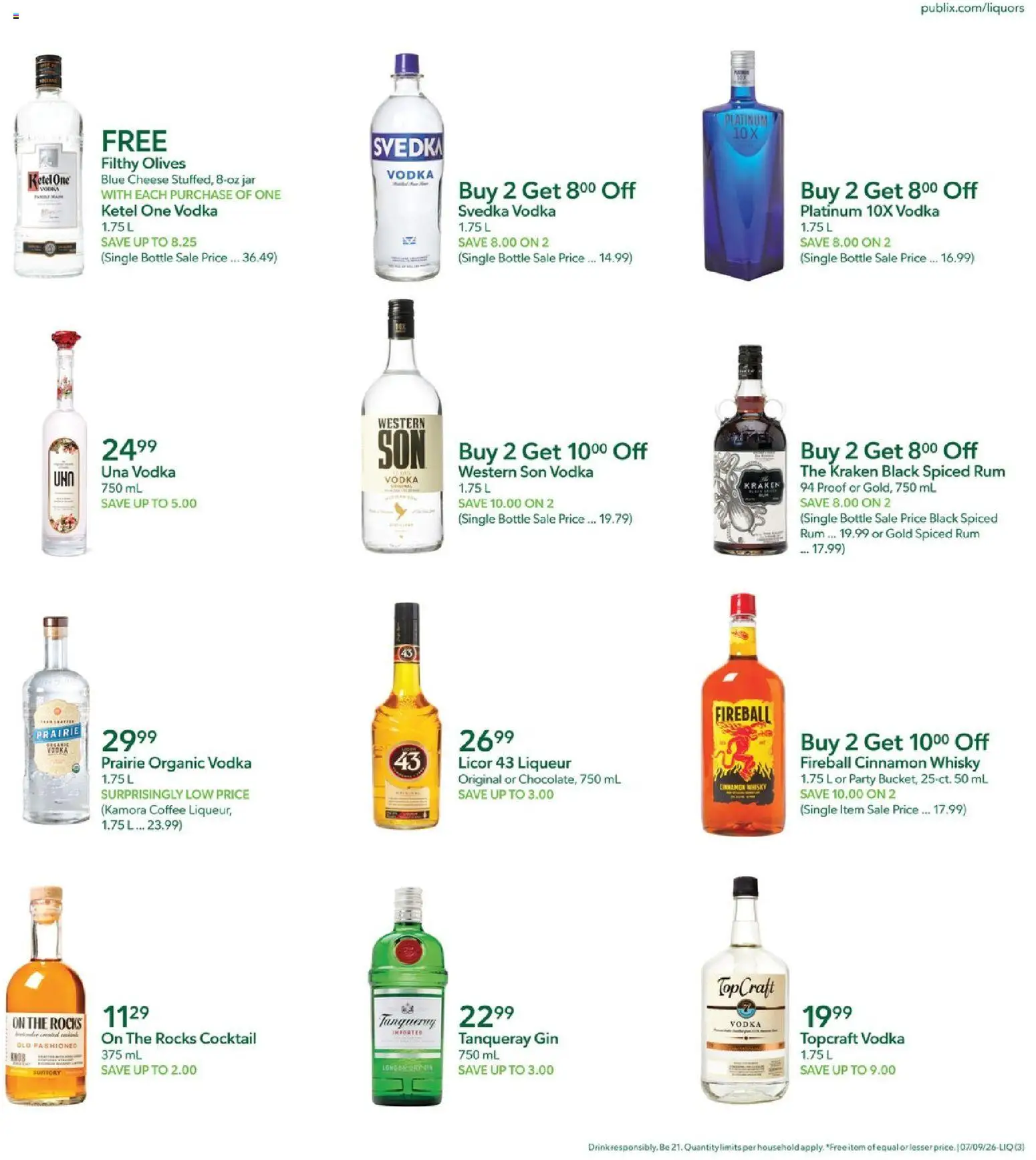 Publix Liquor Ad - valid from 07/09/2026 | Page: 3 | Products: Cheese, Coffee, Gin, Vodka