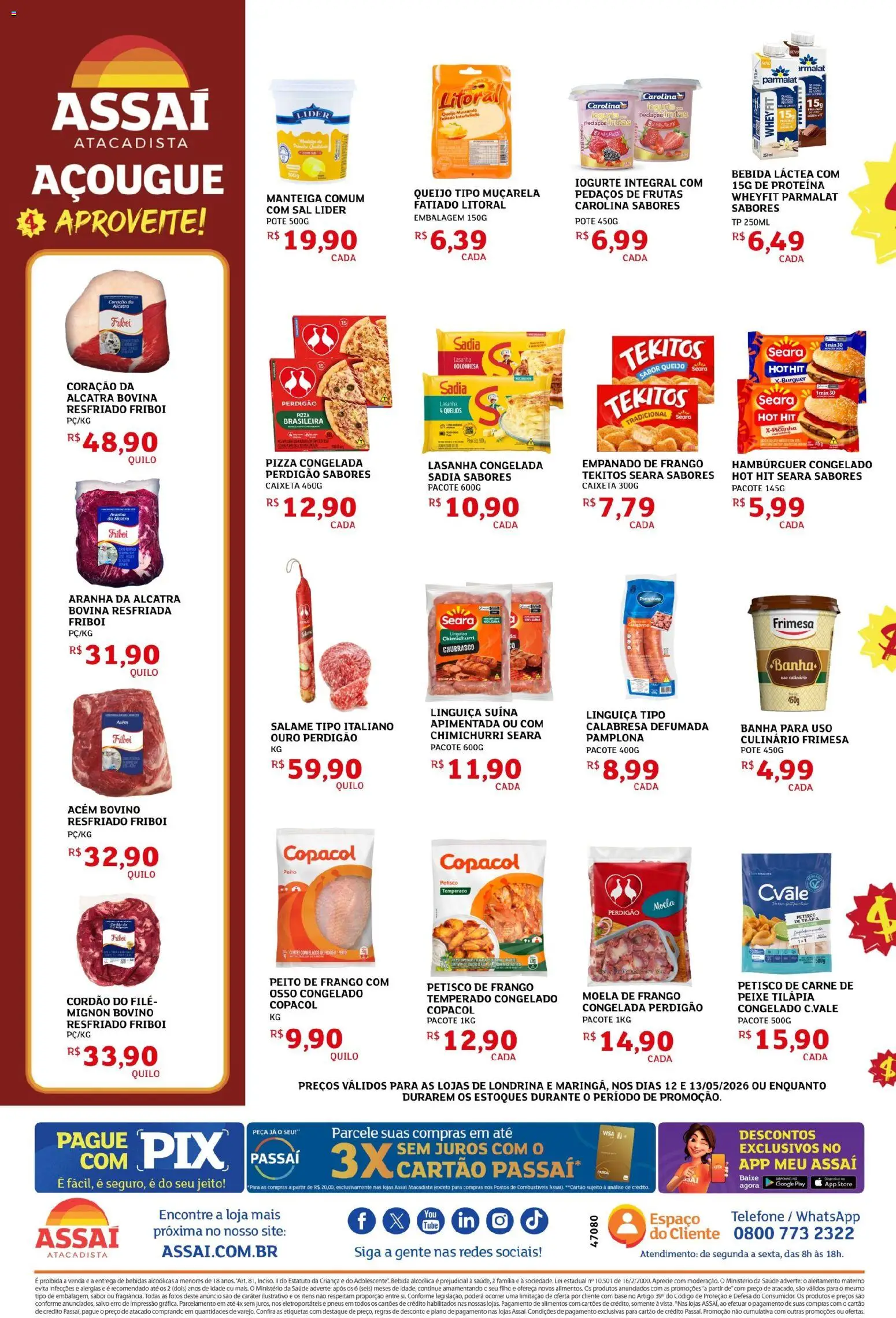 Assaí Atacadista Folheto - válido de 12.05.2026 | Página: 2 | Produtos: Moela, Tilápia, Hambúrguer, Bebida