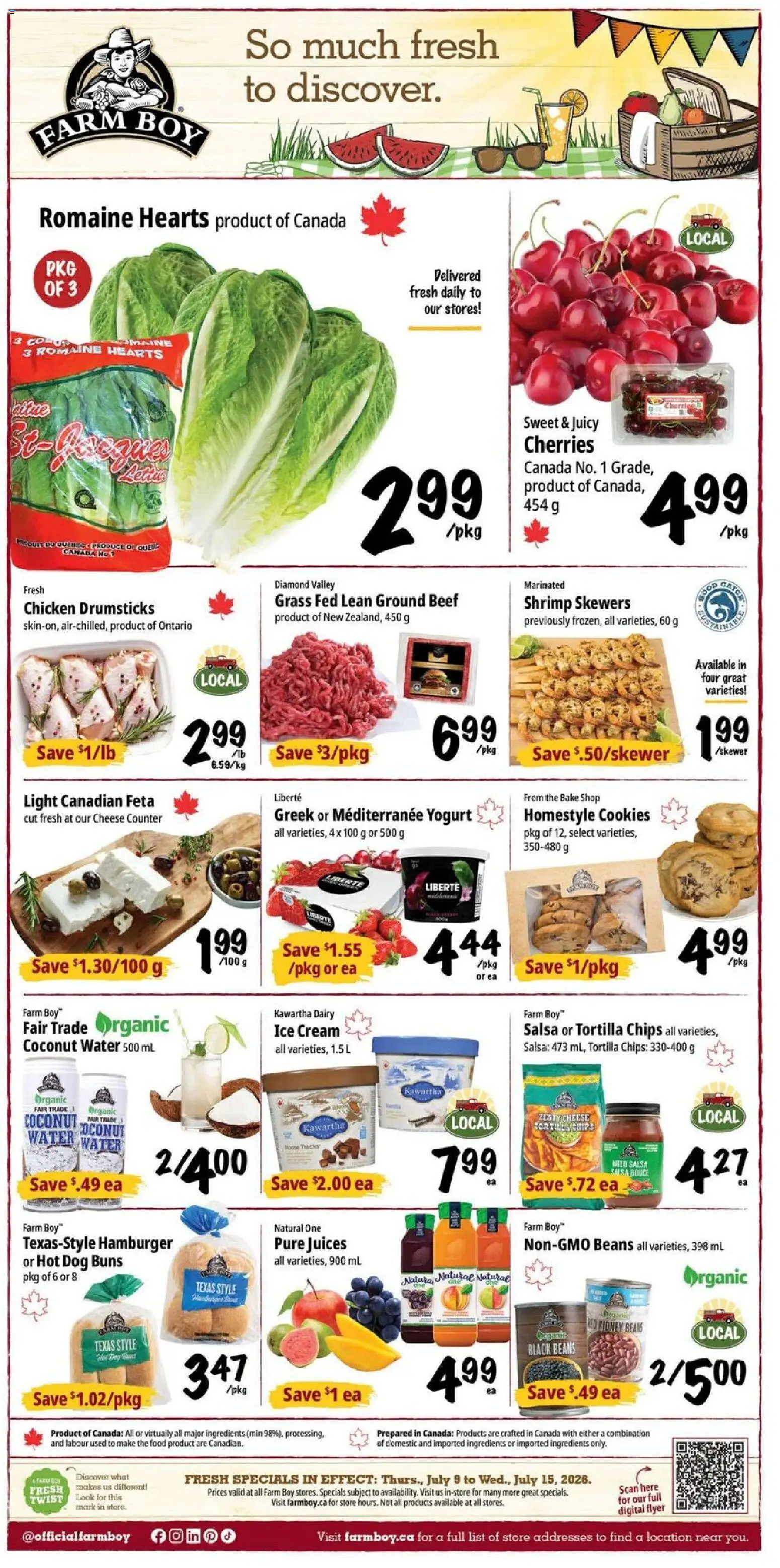Farm Boy flyer valid from Jul 9, 2026 | Page: 1 | Products: Chips, Cookies, Ice cream, Cheese