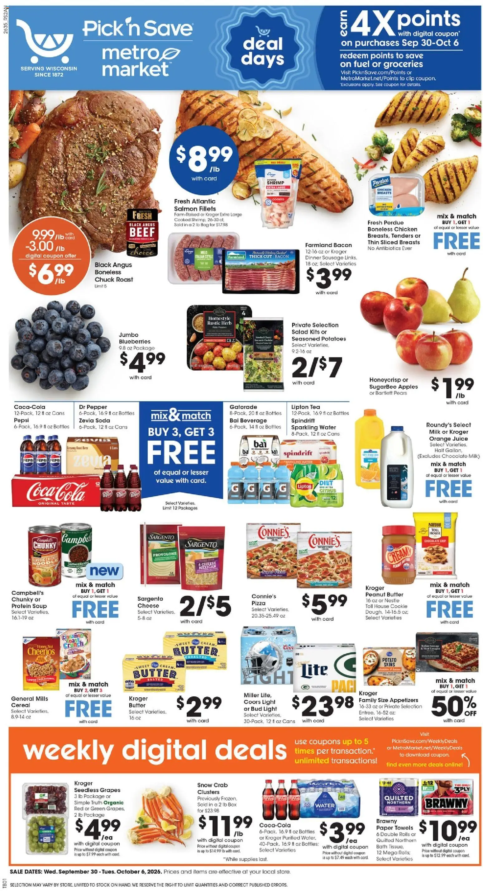 Pick ‘n Save Weekly Ad - valid from 09/30/2026 | Page: 1 | Products: Shrimp, Chocolate, Water, Sausage