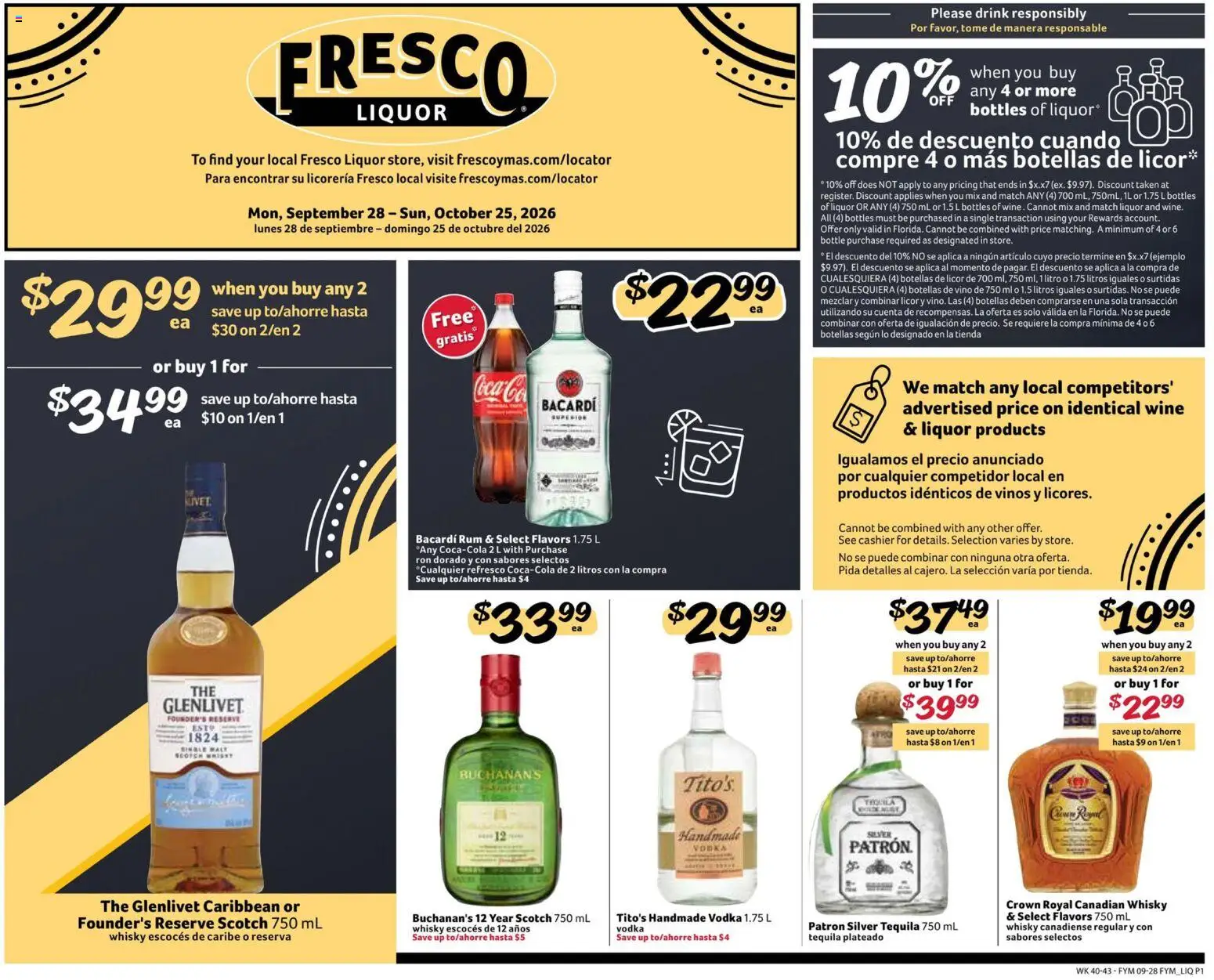 Fresco y Más Alcohol Flyer - valid from 09/28/2026 | Page: 1 | Products: Tequila, Wine, Bacardi, Rum