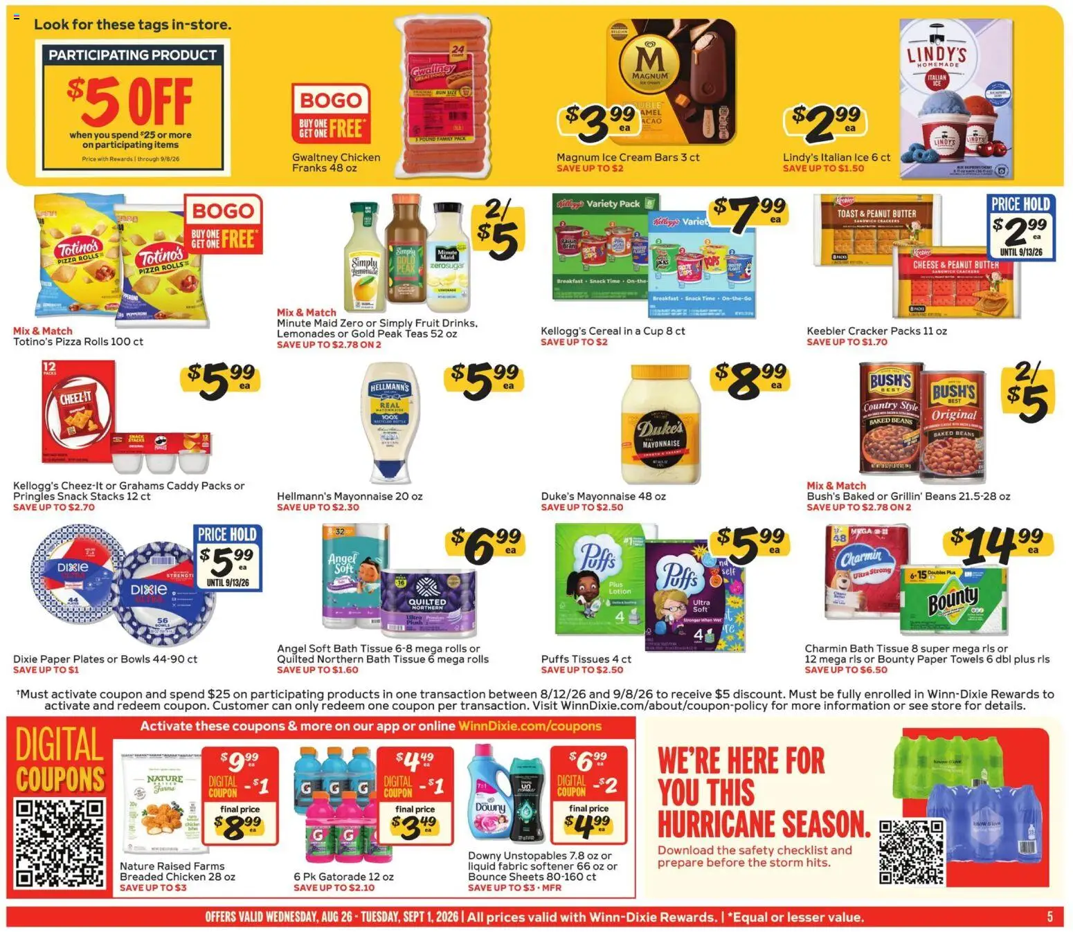 Winn Dixie Weekly Ad - valid from 08/26/2026 | Page: 5 | Products: Pizza, Cereal, Paper plates, Magnum