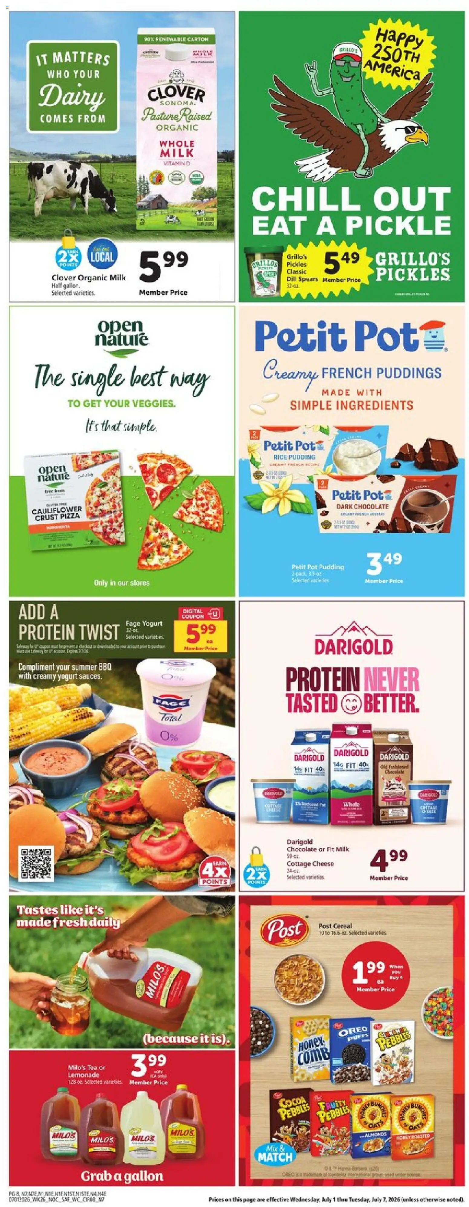 Safeway Weekly Ad - valid from 07/01/2026 | Page: 8 | Products: Milk, Chocolate, Cottage cheese, Cauliflower