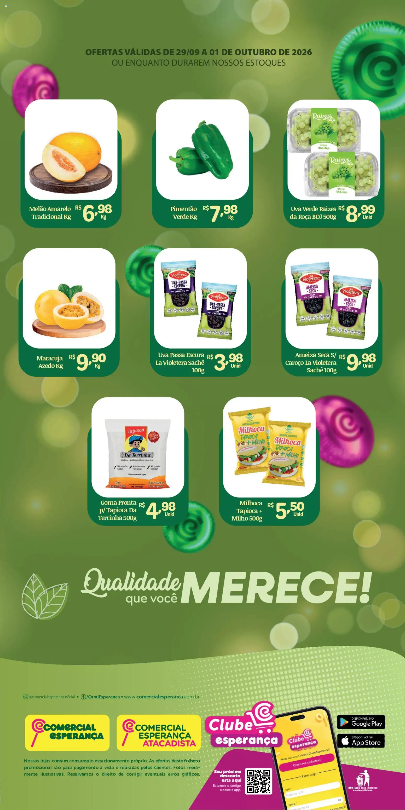 Comercial Esperança Folheto - válido de 29/09/2026 | Página: 2 | Produtos: Melão amarelo, Maracujá, Melão, Uva passa