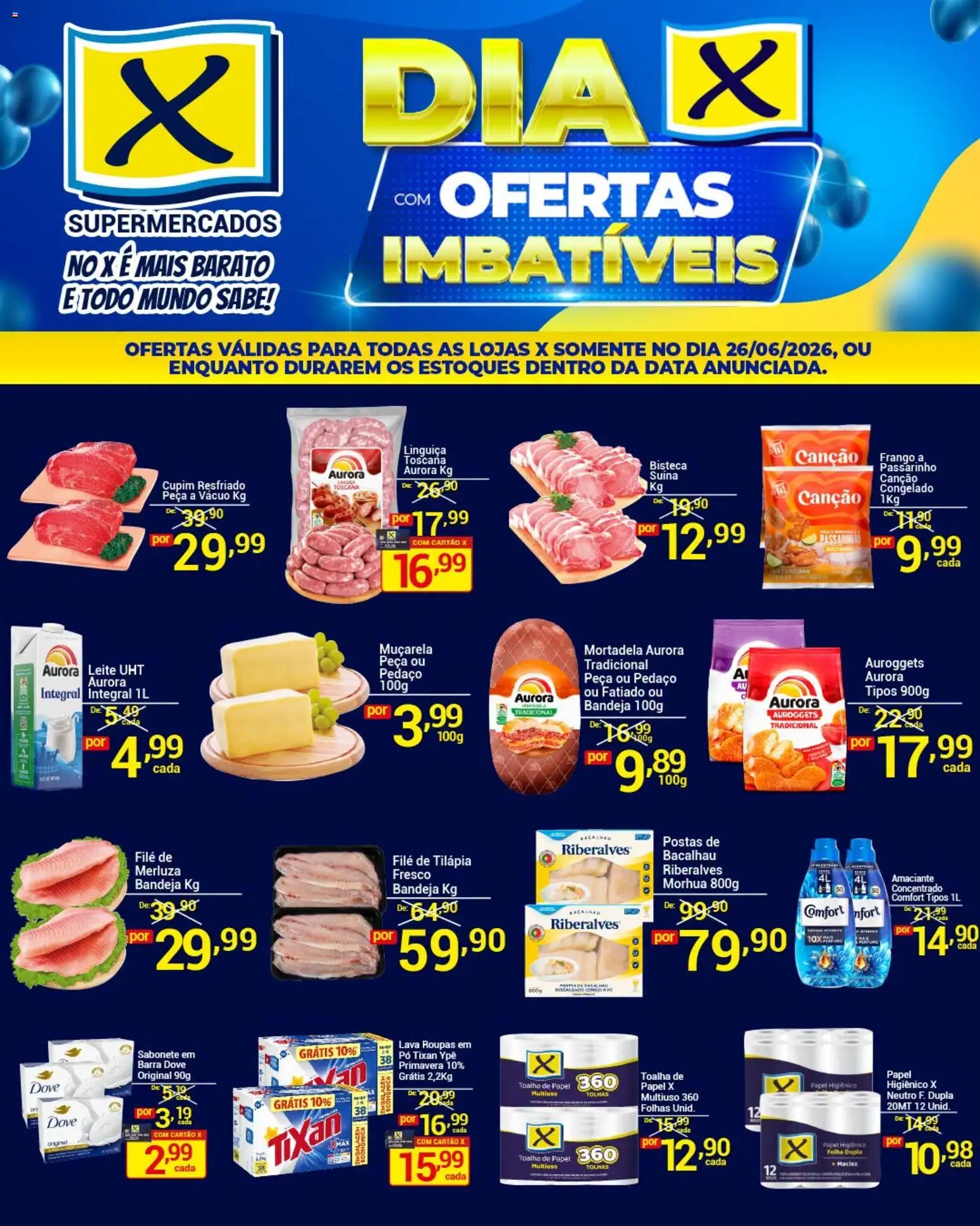 X Supermercados Folheto - válido de 26/06/2026 | Página: 2 | Produtos: Bacalhau, Sabonete, Frango, Papel higiênico