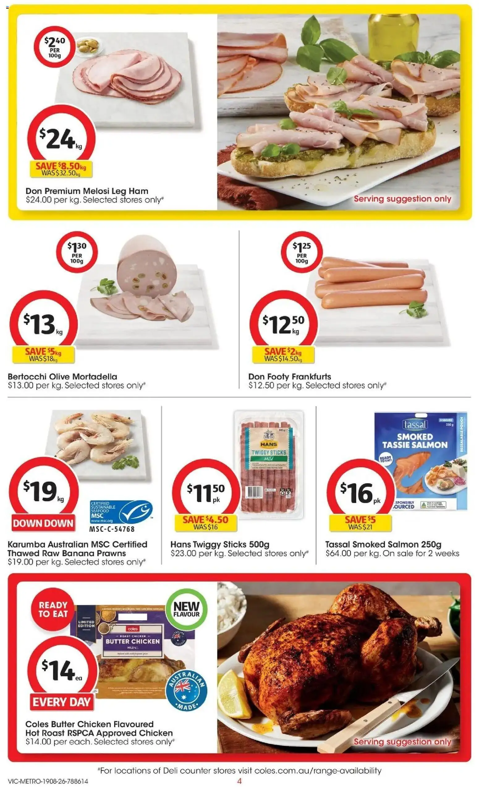 Coles catalogue - valid from 19/08/2026 | Page: 4 | Products: Prawns, Sustainable, Seafood, Smoked salmon