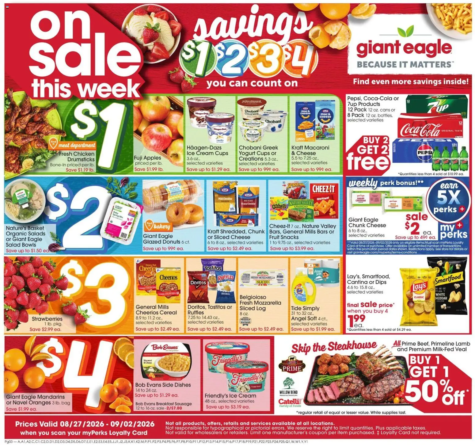 Giant Eagle Weekly Ad - valid from 08/27/2026 | Page: 1 | Products: Ice, Cereal, Snacks, Bag
