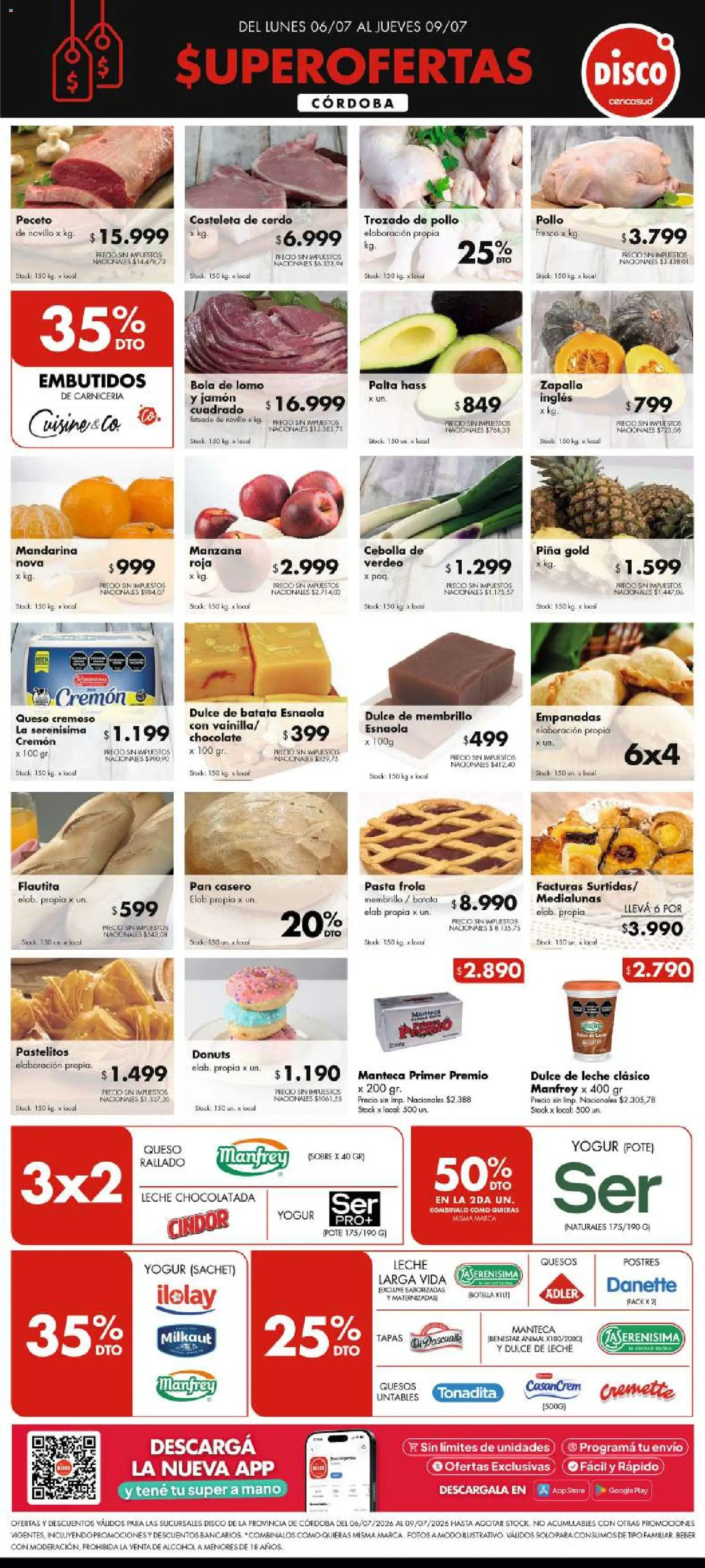 Disco - FERIA DE FRESCOS CÓRDOBA │ válido desde el 05/07/2026 | Página: 1 | Productos: Botella, Palta, Pan, Cerdo