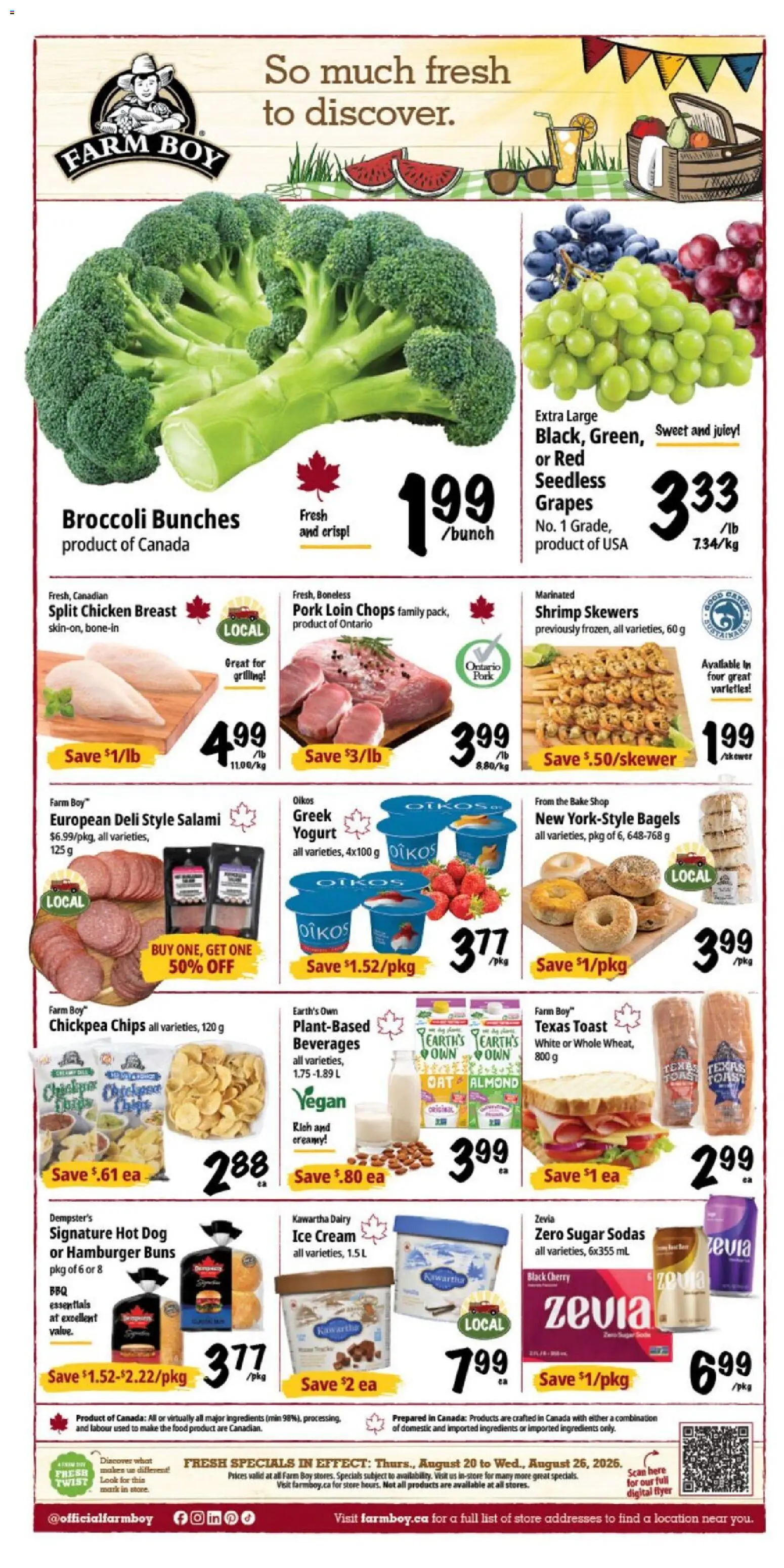 Farm Boy flyer valid from Aug 20, 2026 | Page: 1 | Products: Ice cream, Broccoli, Chicken breast, Pork loin