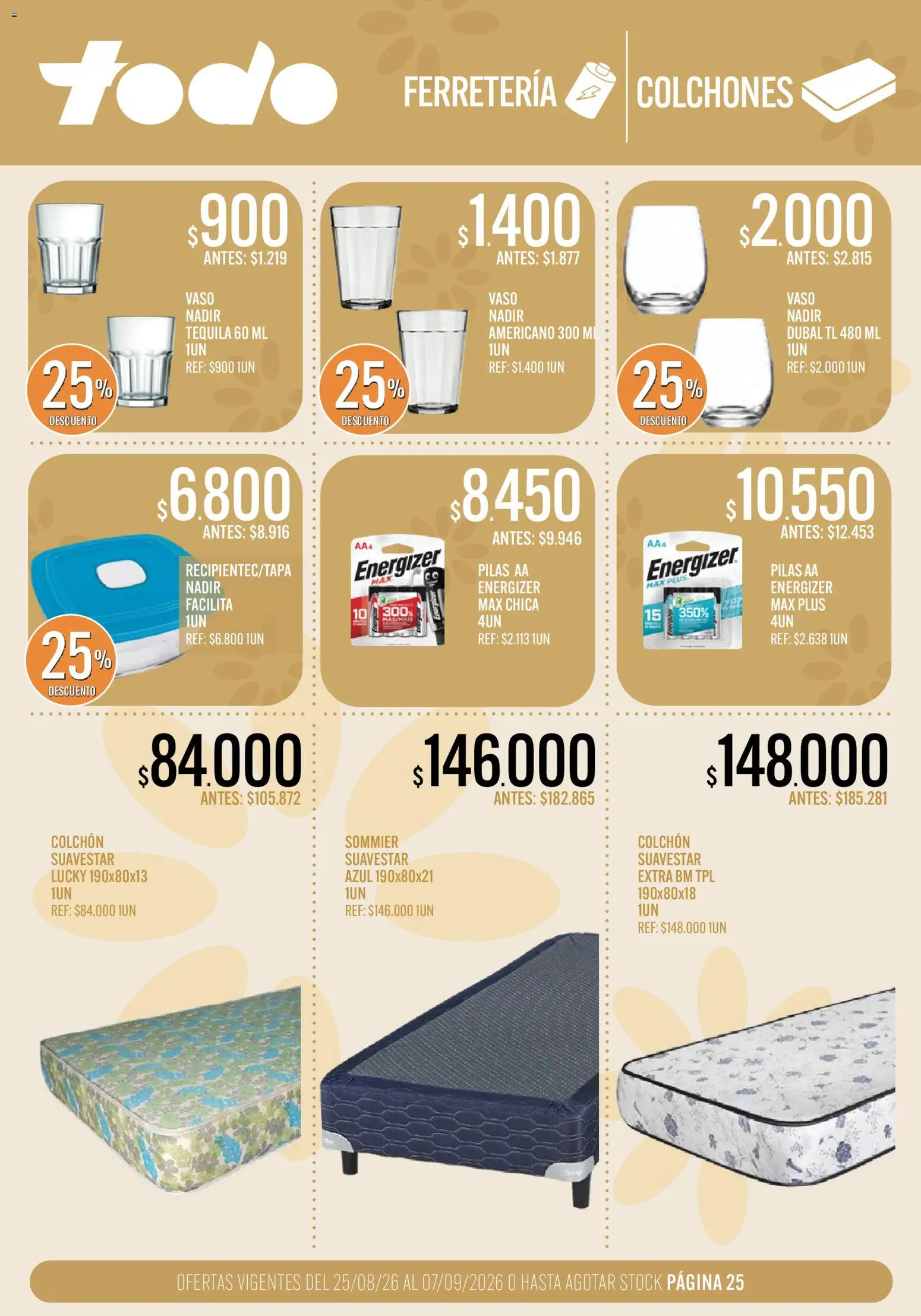 Supermercados TODO - Ofertas │ válido desde el 25/08/2026 | Página: 25 | Productos: Pilas AA, Colchón, Pilas, Tequila