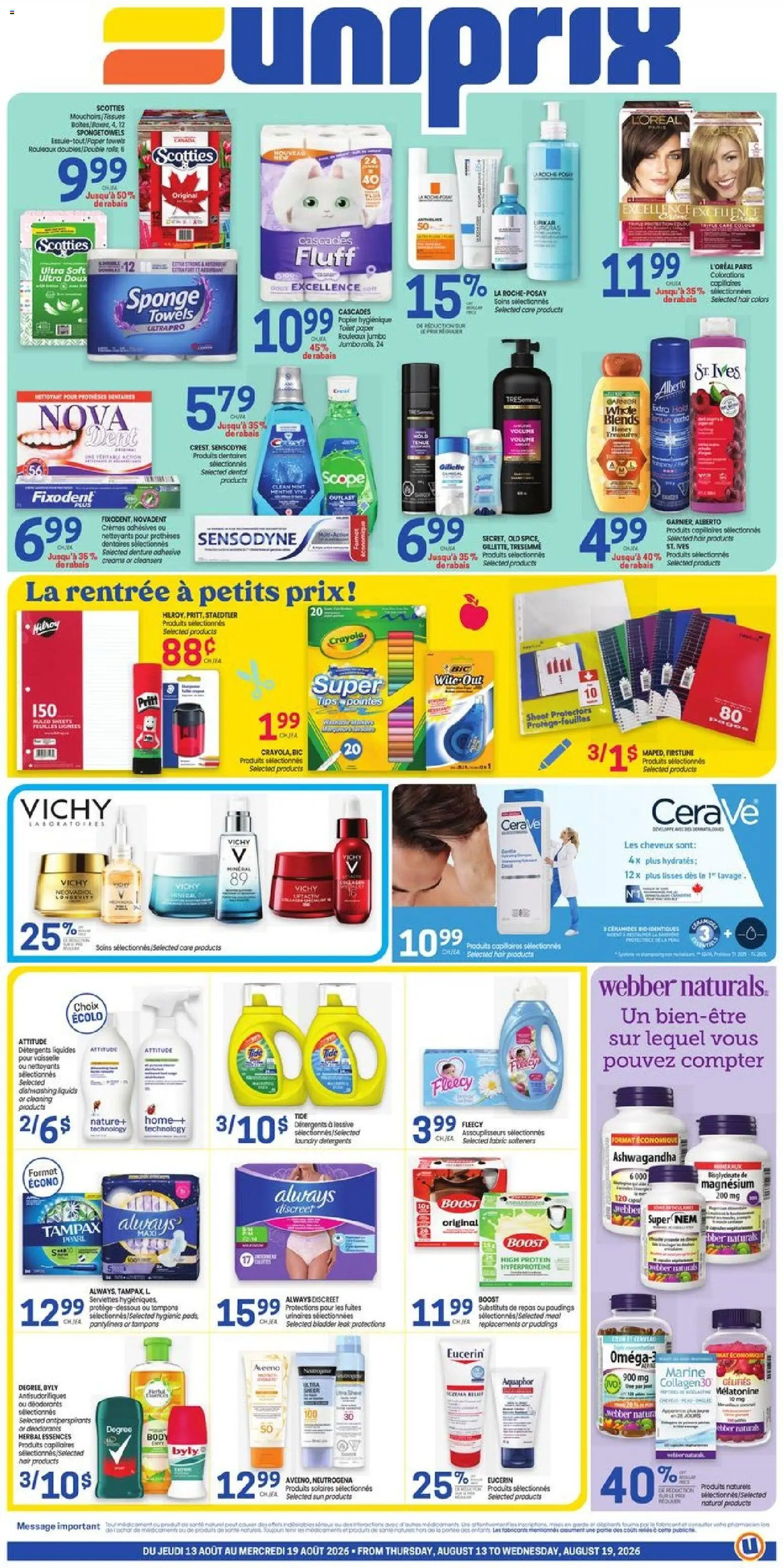 Uniprix flyer valid from Aug 13, 2026 | Page: 1 | Products: Sponge, Antiperspirant, Honey, Omega