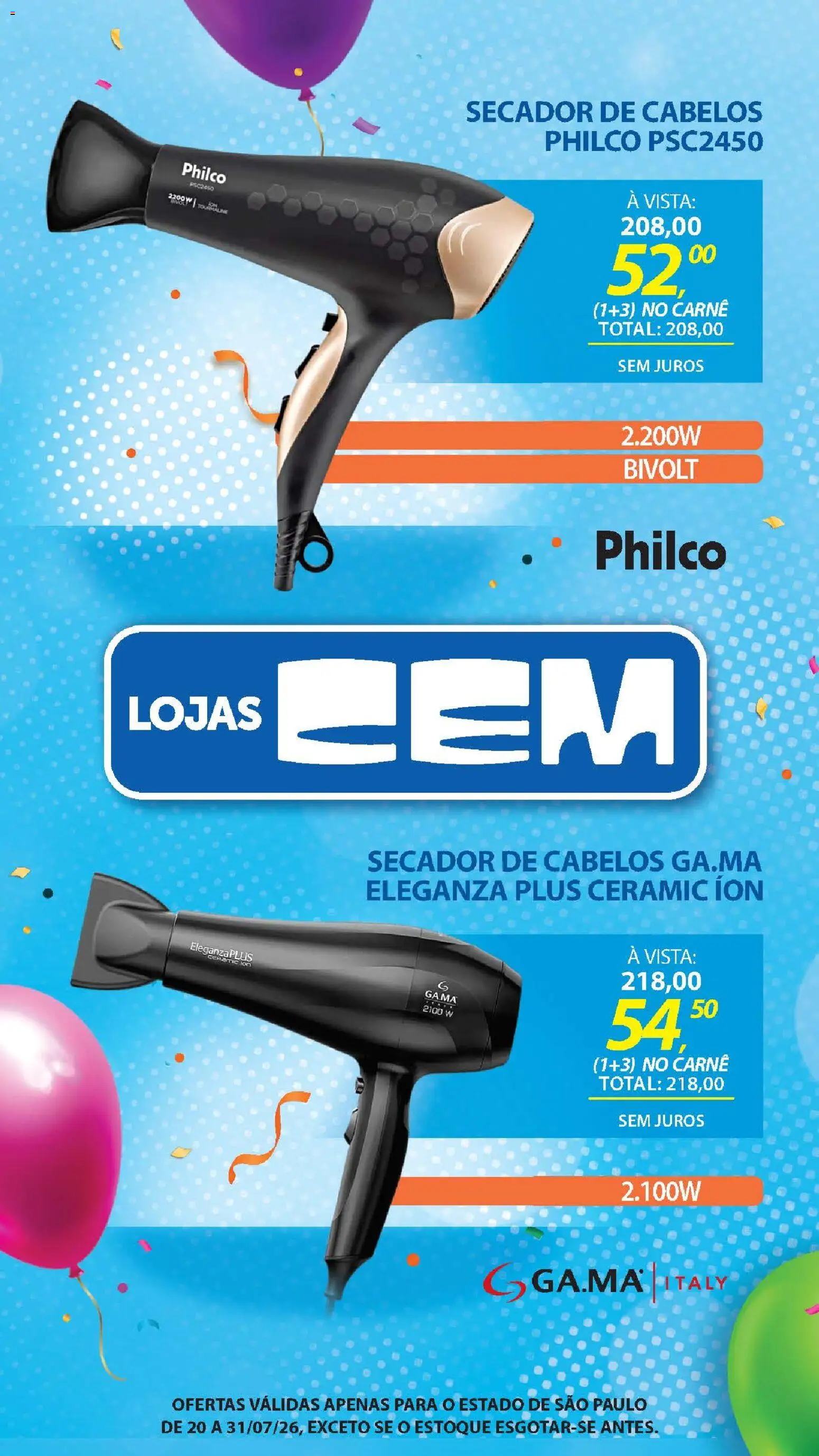 Lojas Cem Folheto - válido de 20/07/2026 | Página: 131 | Produtos: Secador, Carne