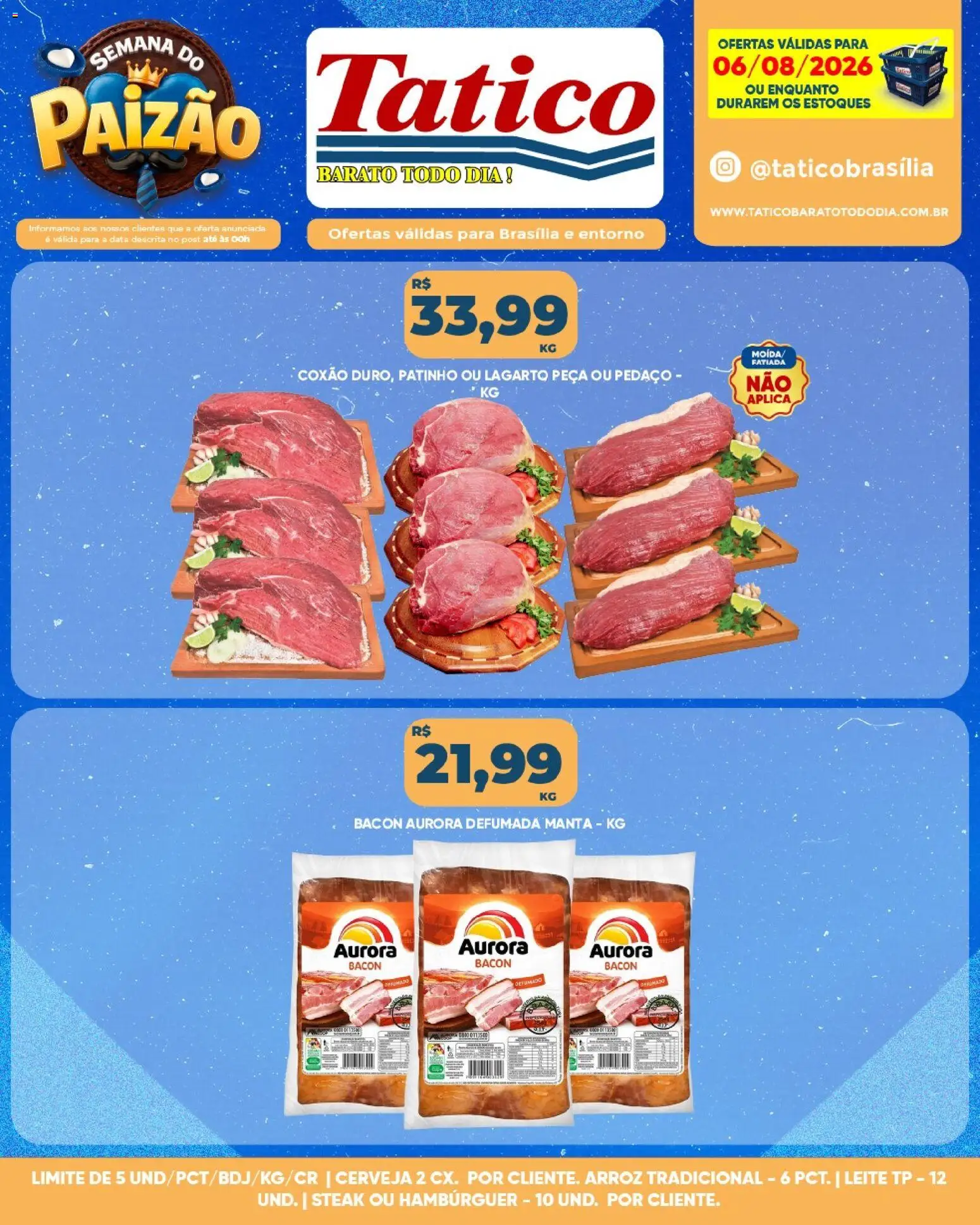 Tatico Folheto - válido de 06/08/2026 | Página: 12 | Produtos: Leite, Cerveja, Arroz, Hambúrguer