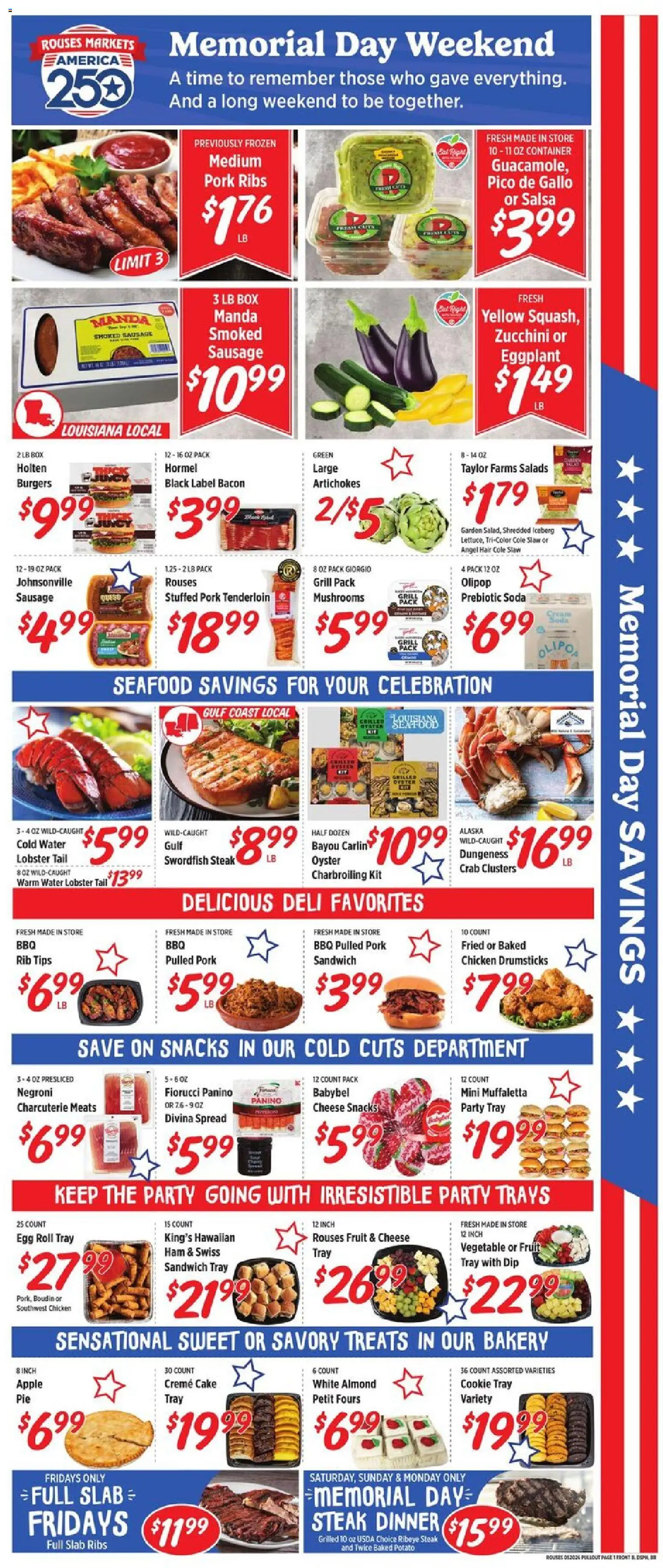 Rouses Weekly Ad - valid from 20.05.2026 | Page: 4 | Products: Mushrooms, Zucchini, Seafood, Sausage
