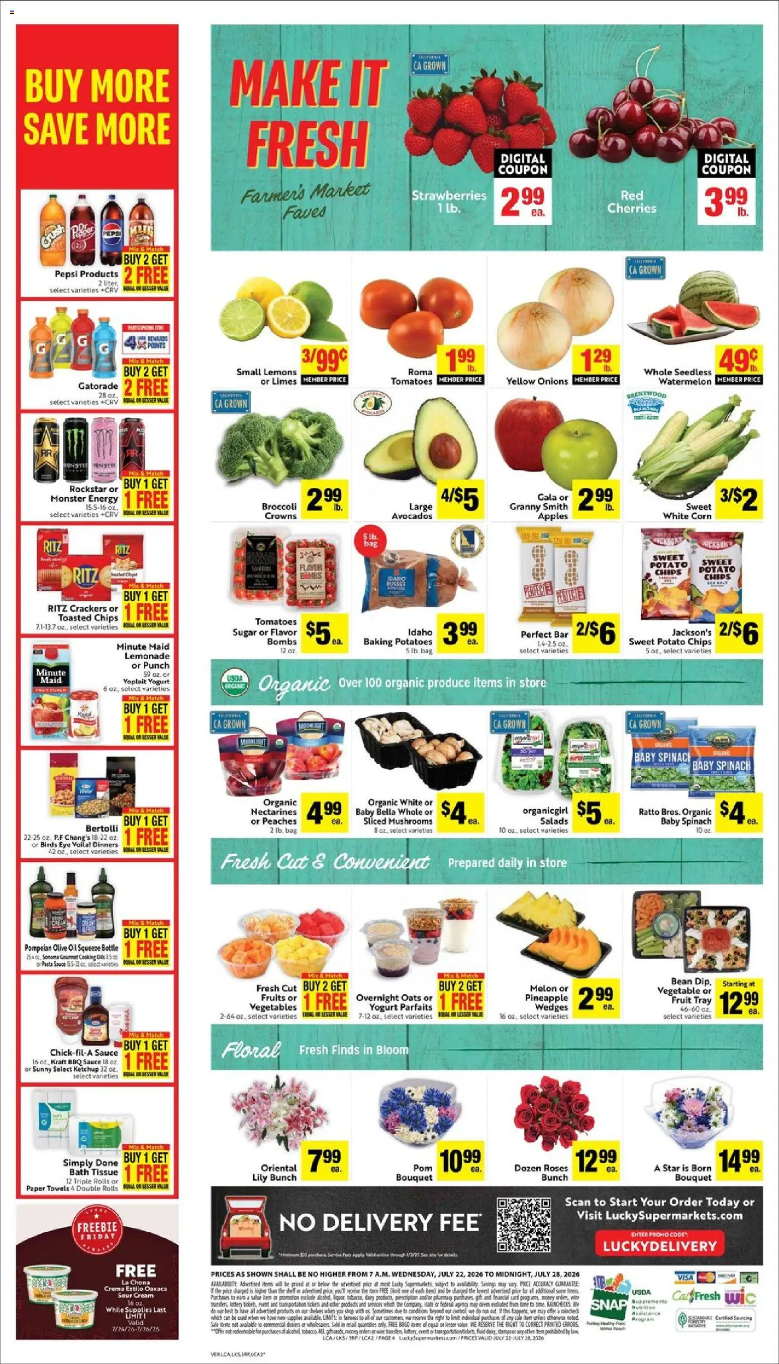 Lucky Supermarkets Weekly Ad - valid from 07/22/2026 | Page: 4 | Products: Corn, Spinach, Crowns, Potatoes