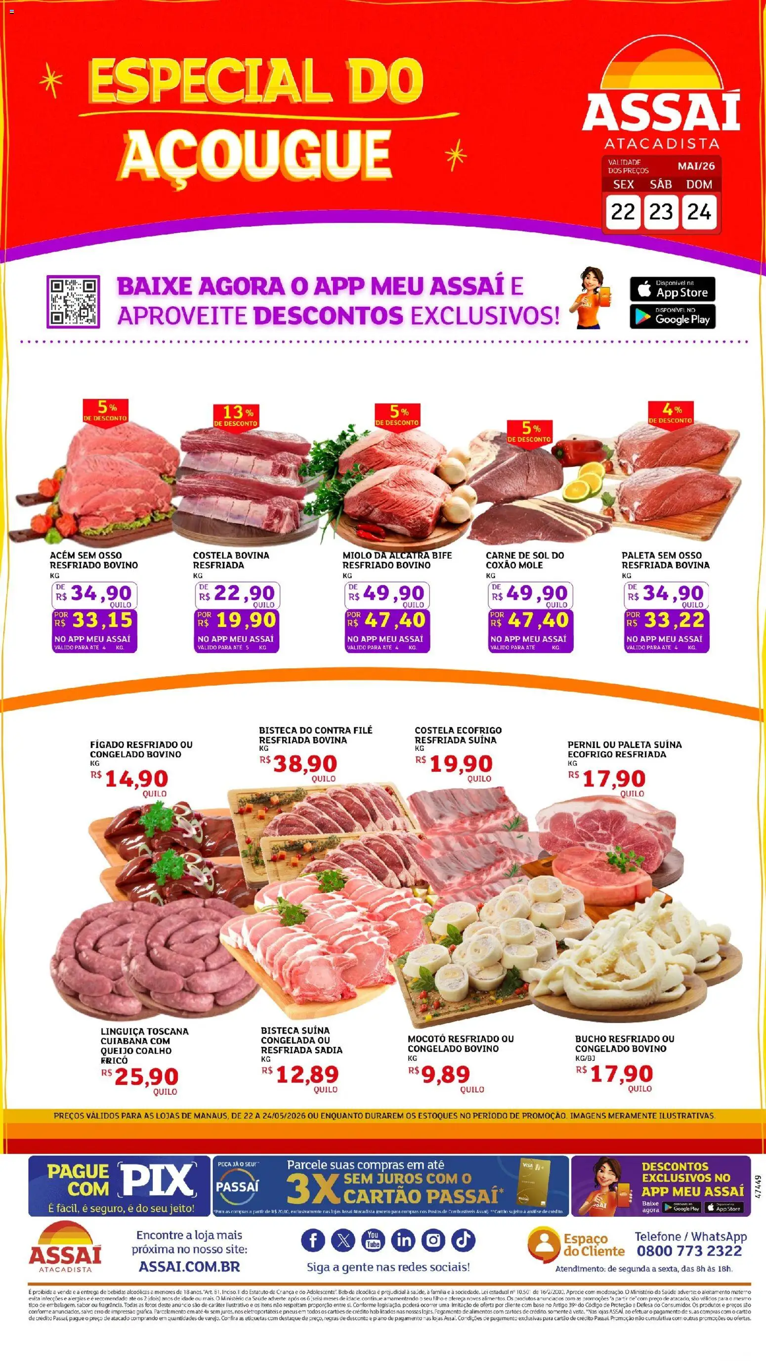 Assaí Atacadista Folheto - válido de 22.05.2026 | Página: 1 | Produtos: Linguiça, Base, Carne, Bebida