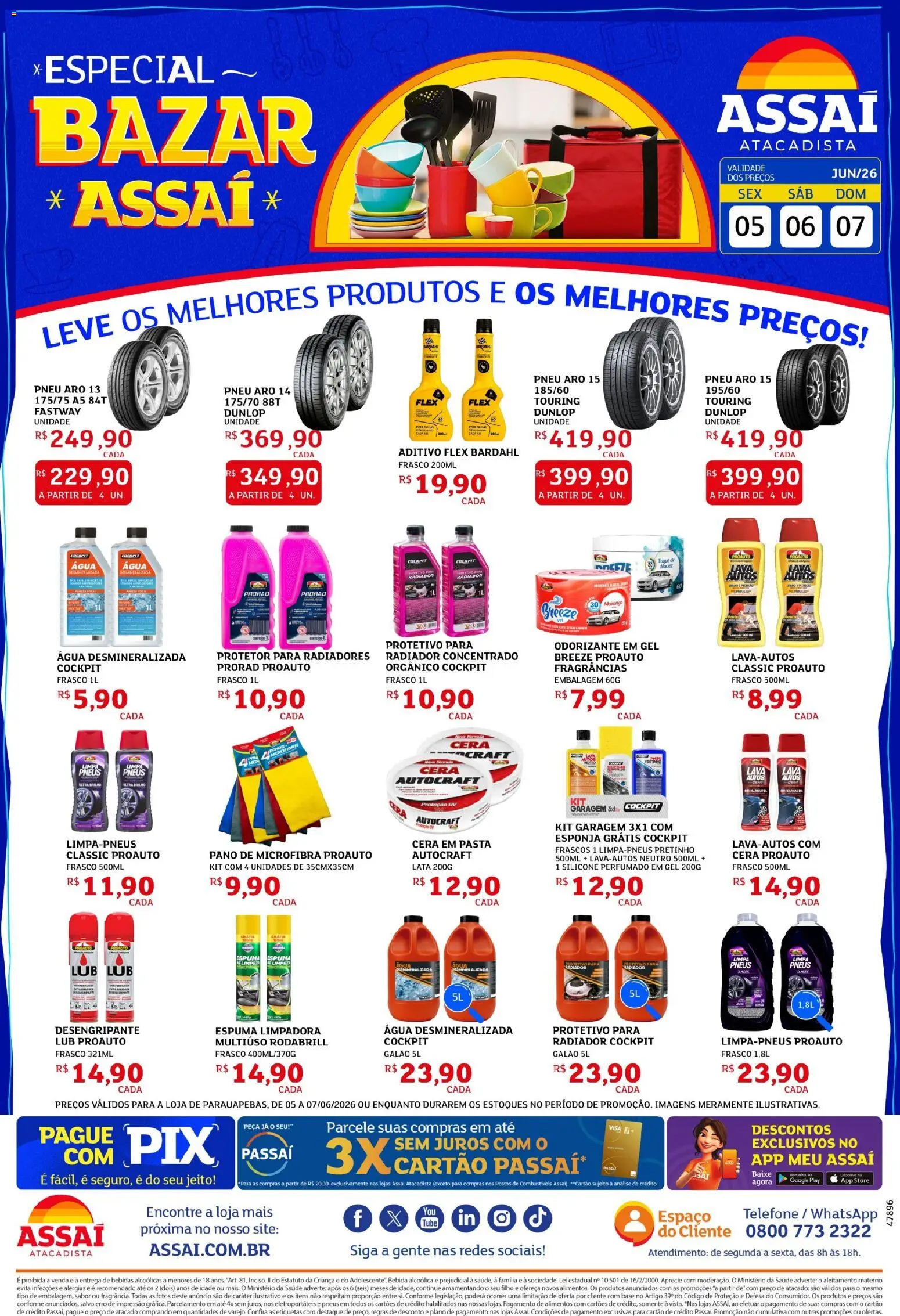 Assaí Atacadista Folheto - válido de 05.06.2026 | Página: 1 | Produtos: Pneu, Esponja, Bebida, Cera