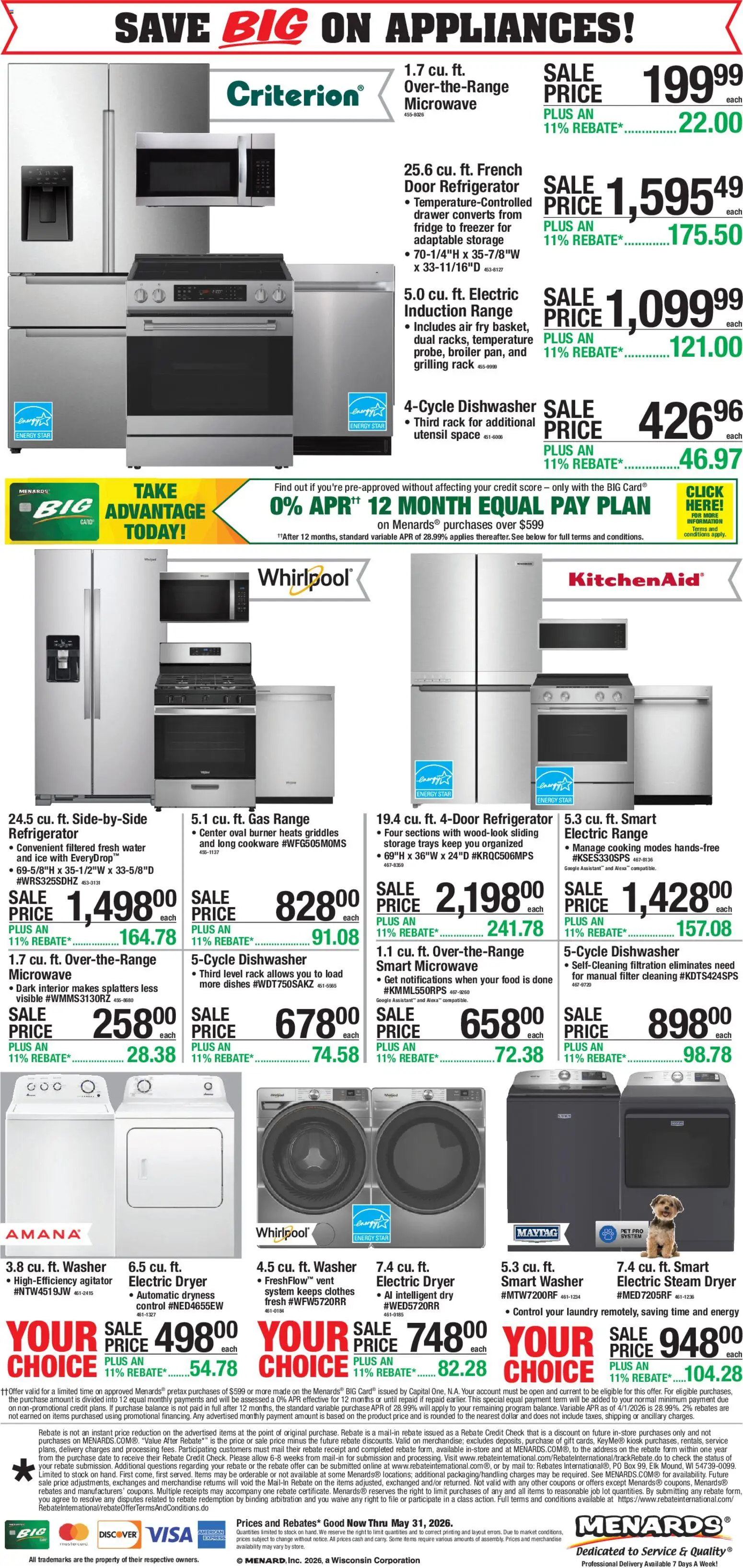 Menards - Weekly Ad - valid from 20.05.2026 | Page: 1 | Products: Microwave, Water, Refrigerator, Freezer