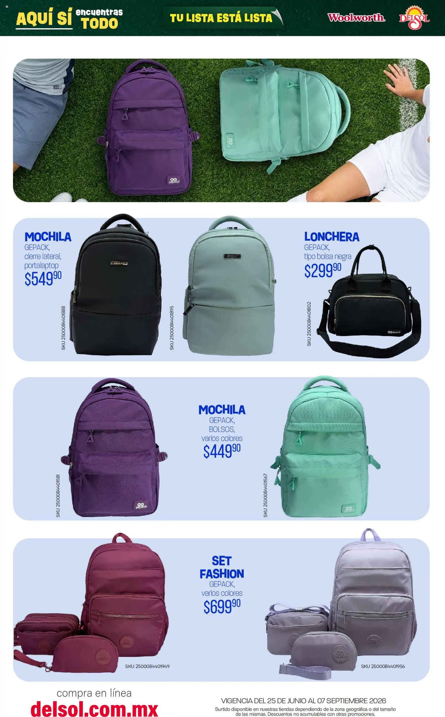 Nuevas ofertas de Del Sol y Woolworth válidas en toda la República Mexicana desde el 25/06/2026. ¡Encuentra las mejores ofertas en Del Sol y Woolworth catálogo Back To School! | Página: 59 | Productos: Bolsa, Mochila