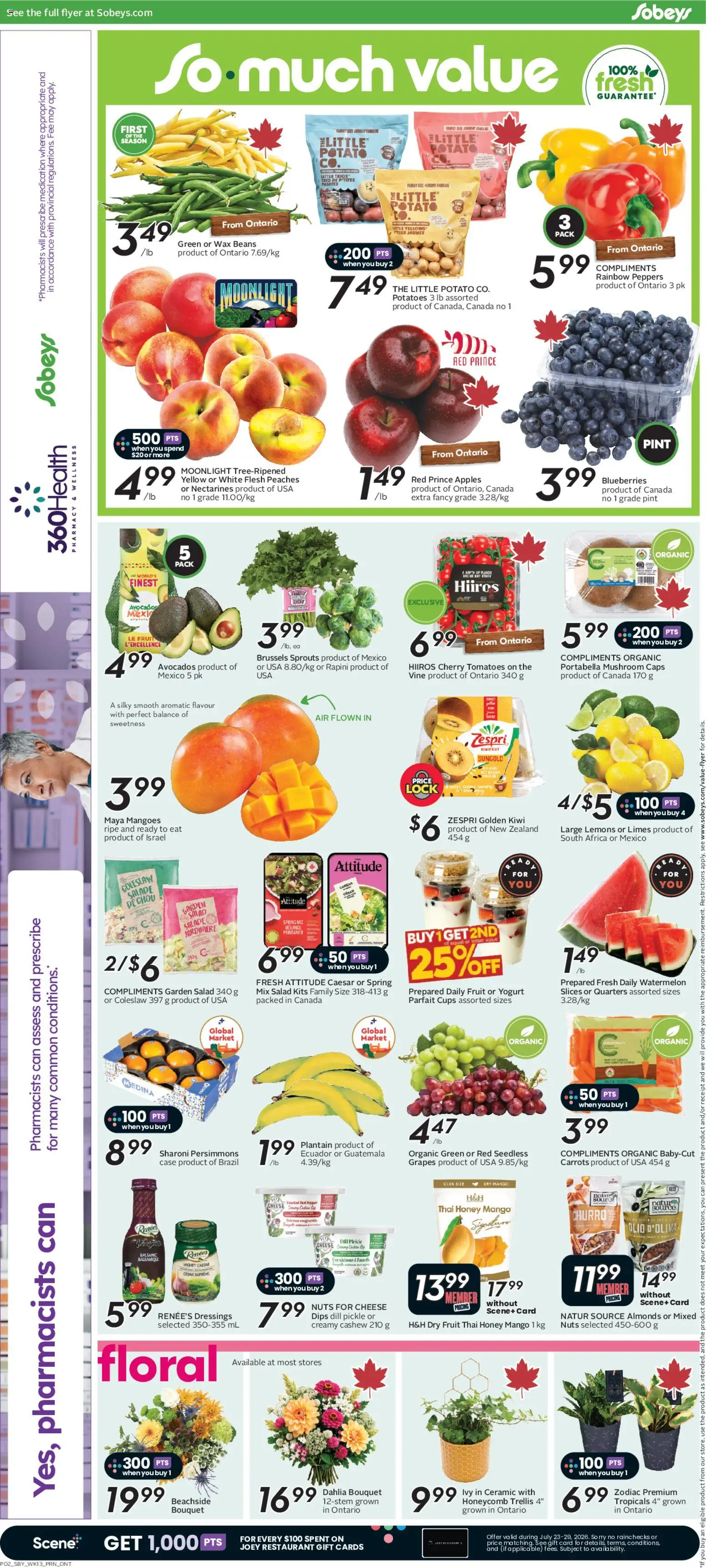 Sobeys flyer valid from Jul 23, 2026 | Page: 5 | Products: Kiwi, Potatoes, Case, Yogurt