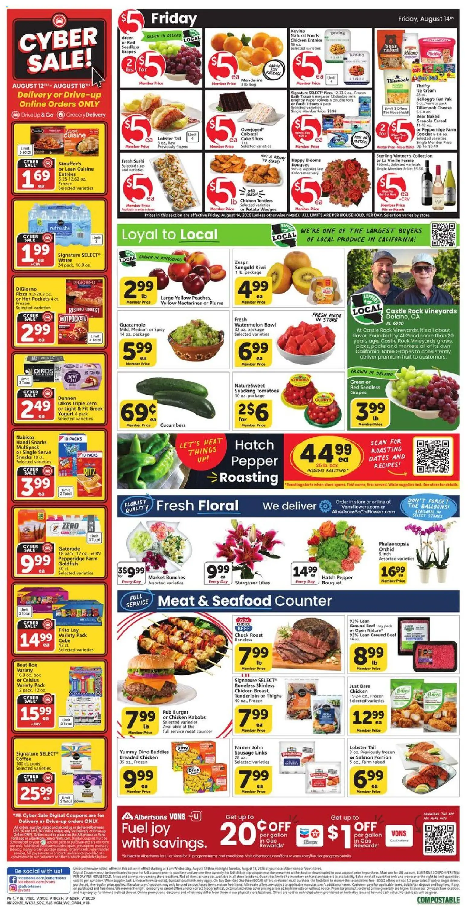 Vons Weekly Ad - valid from 08/12/2026 | Page: 3 | Products: Nectarines, Sushi, Pizza, Water