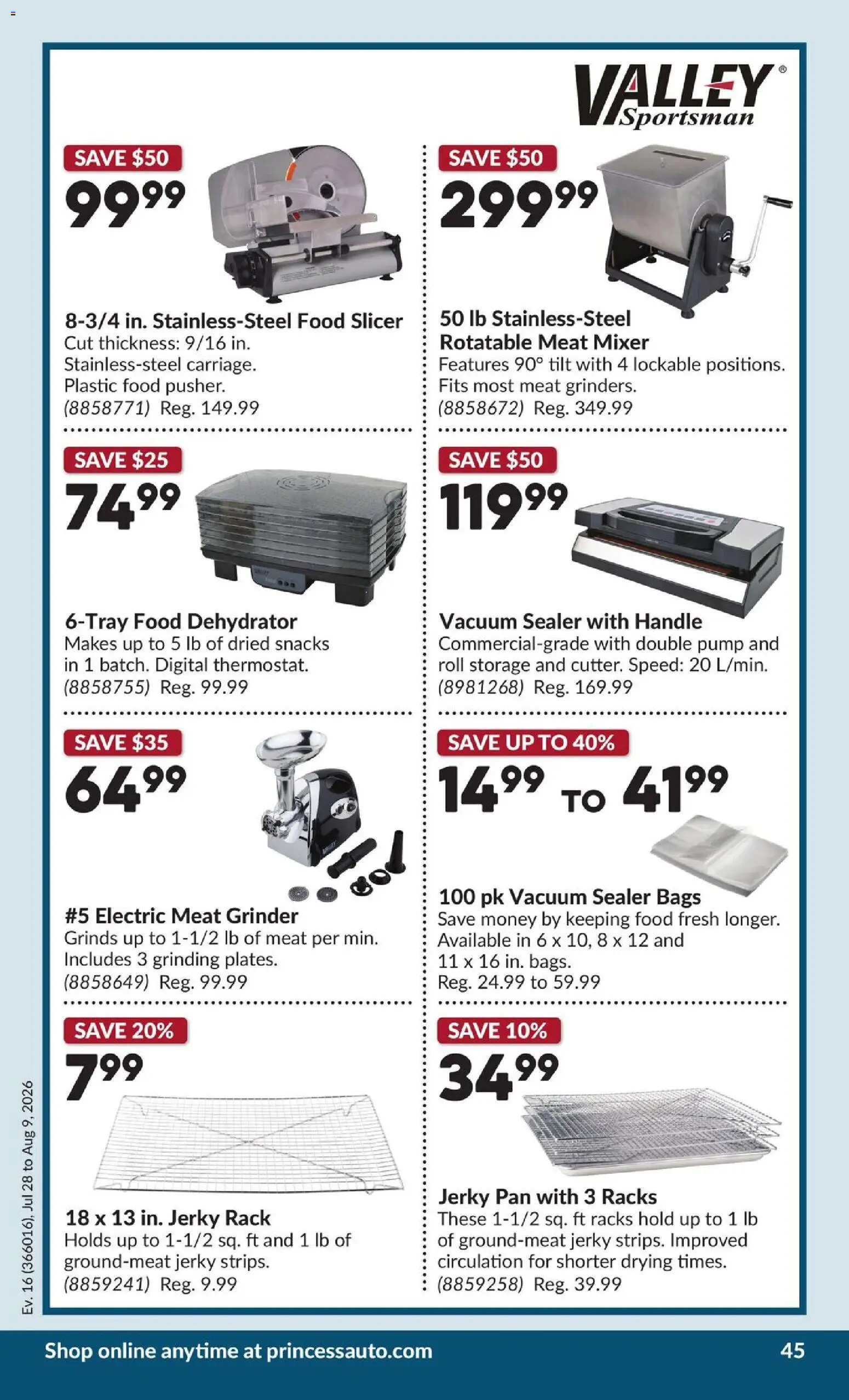 Princess Auto flyer valid from Jul 28, 2026 | Page: 50 | Products: Electric meat grinder, Grinder, Mixer, Snacks