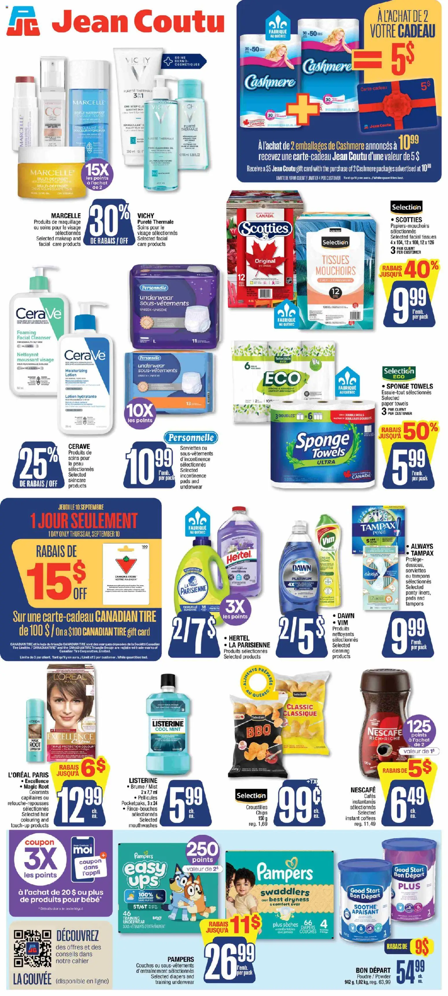 Jean Coutu flyer valid from Sep 10, 2026 | Page: 2 | Products: Sponge, Towels, Tampons, Underwear