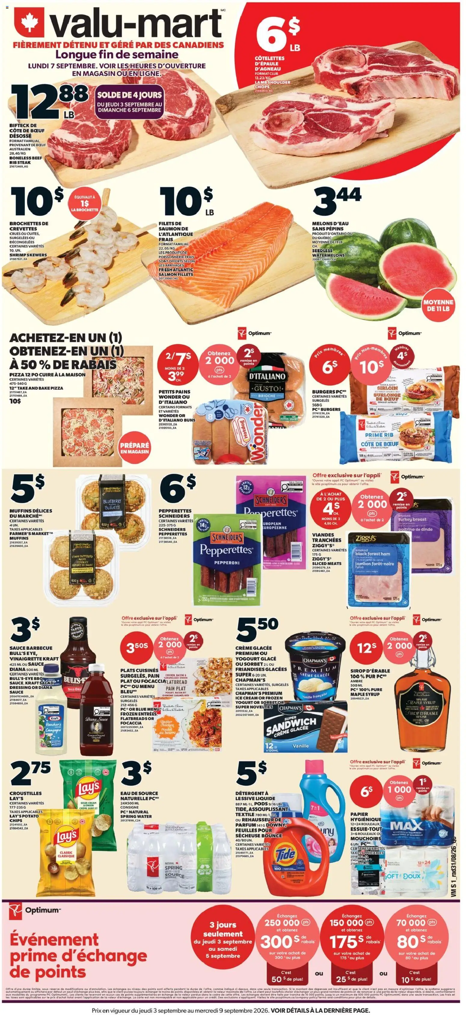 Valu Mart flyer valid from Sep 3, 2026 | Page: 1 | Products: Lamb, Shrimp, Turkey breast, Spring water