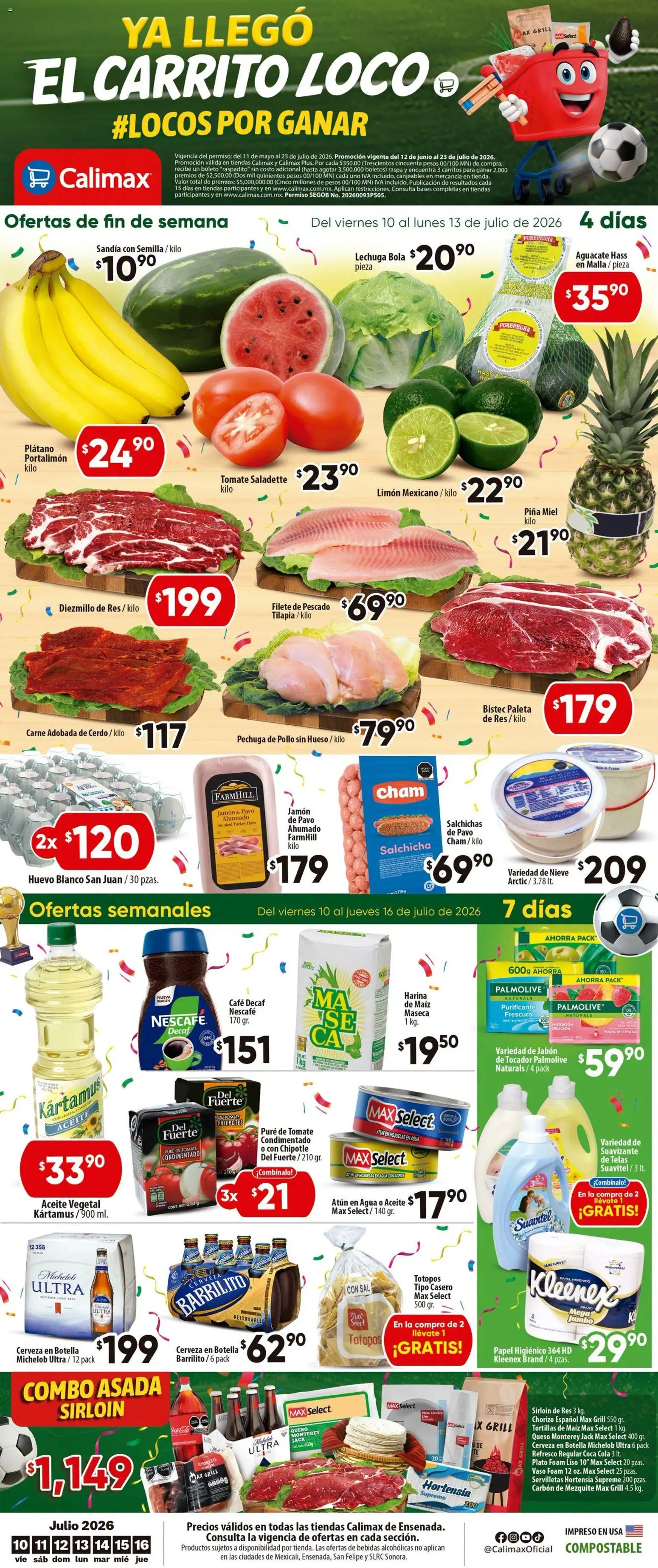 Nuevas ofertas de Calimax válidas en toda la República Mexicana desde el 10/07/2026. ¡Encuentra las mejores ofertas en Calimax folleto Ensenada! | Página: 1 | Productos: Sandía, Lechuga, Pure de Tomate, Papel higiénico