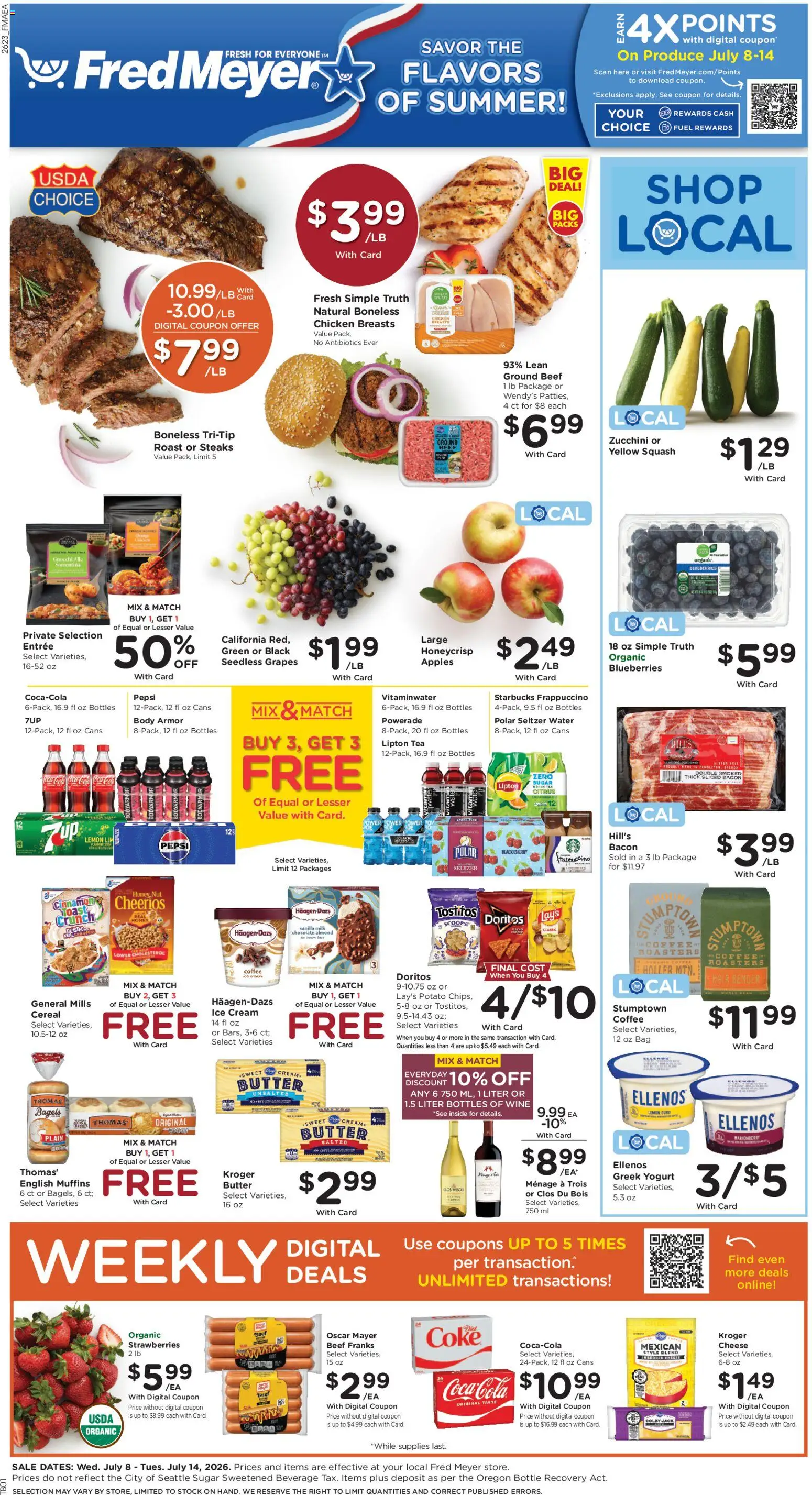 Fred Meyer Weekly Ad - valid from 07/08/2026 | Page: 1 | Products: Squash, Yogurt, Water, Blueberries
