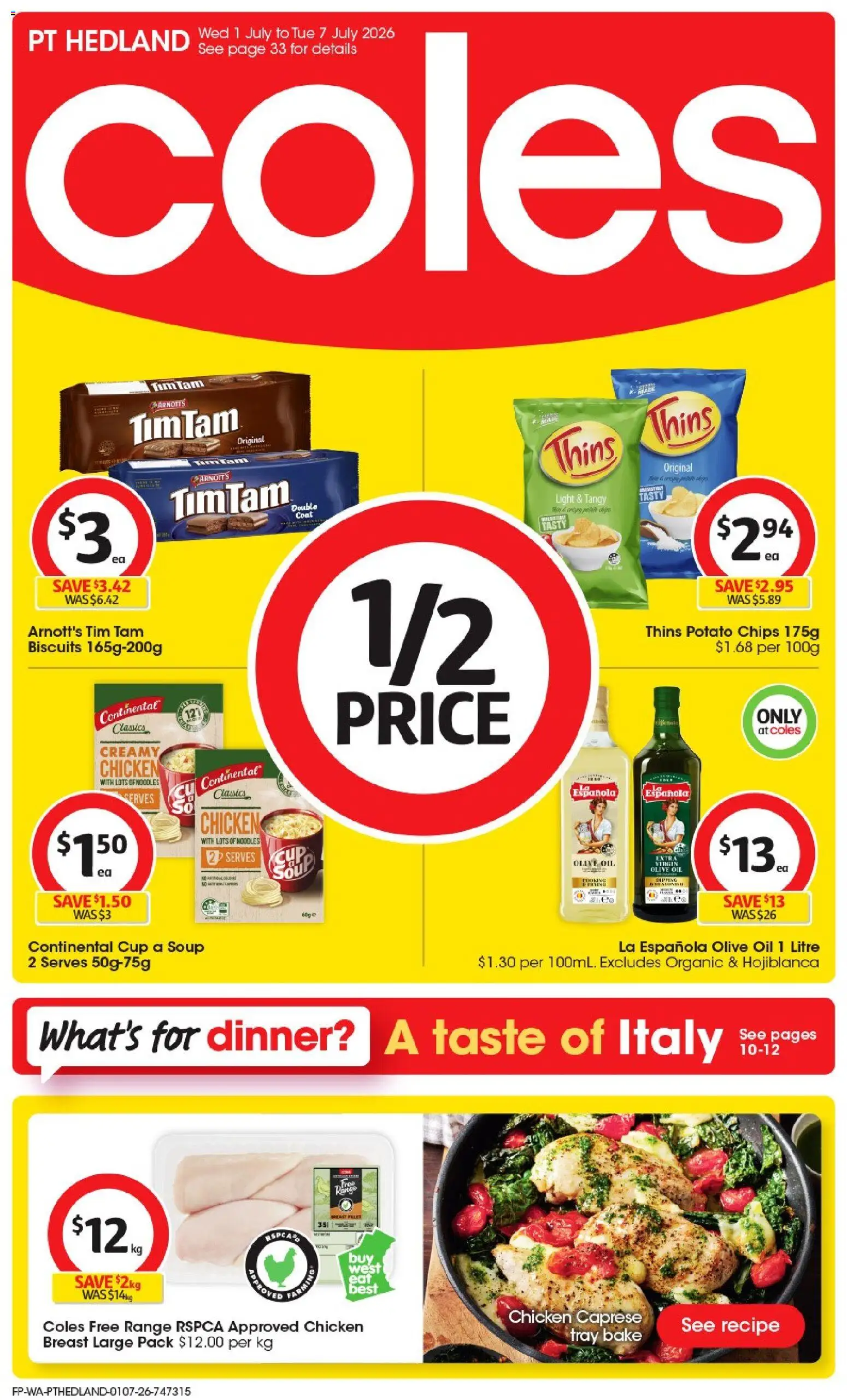 Coles catalogue - valid from 01/07/2026 | Page: 1 | Products: Chicken, Noodles, Olive oil, Soup