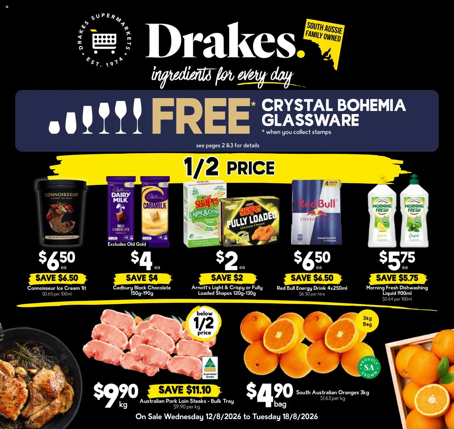 Drakes catalogue - valid from 12/08/2026 | Page: 1 | Products: Pork loin, Chocolate, Glassware, Pork