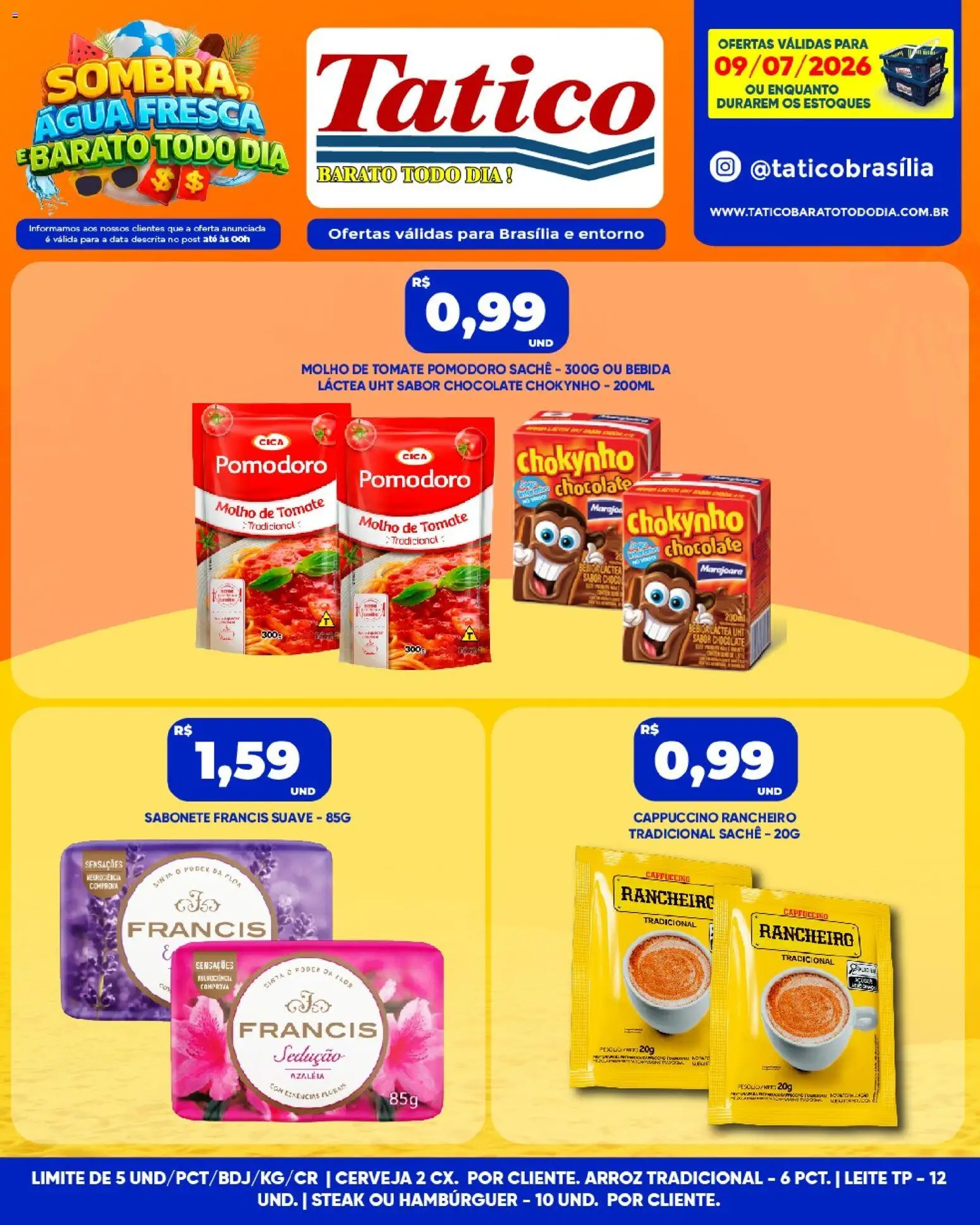 Tatico Folheto - válido de 09/07/2026 | Página: 1 | Produtos: Molho de tomate, Chocolate, Hambúrguer, Bebida