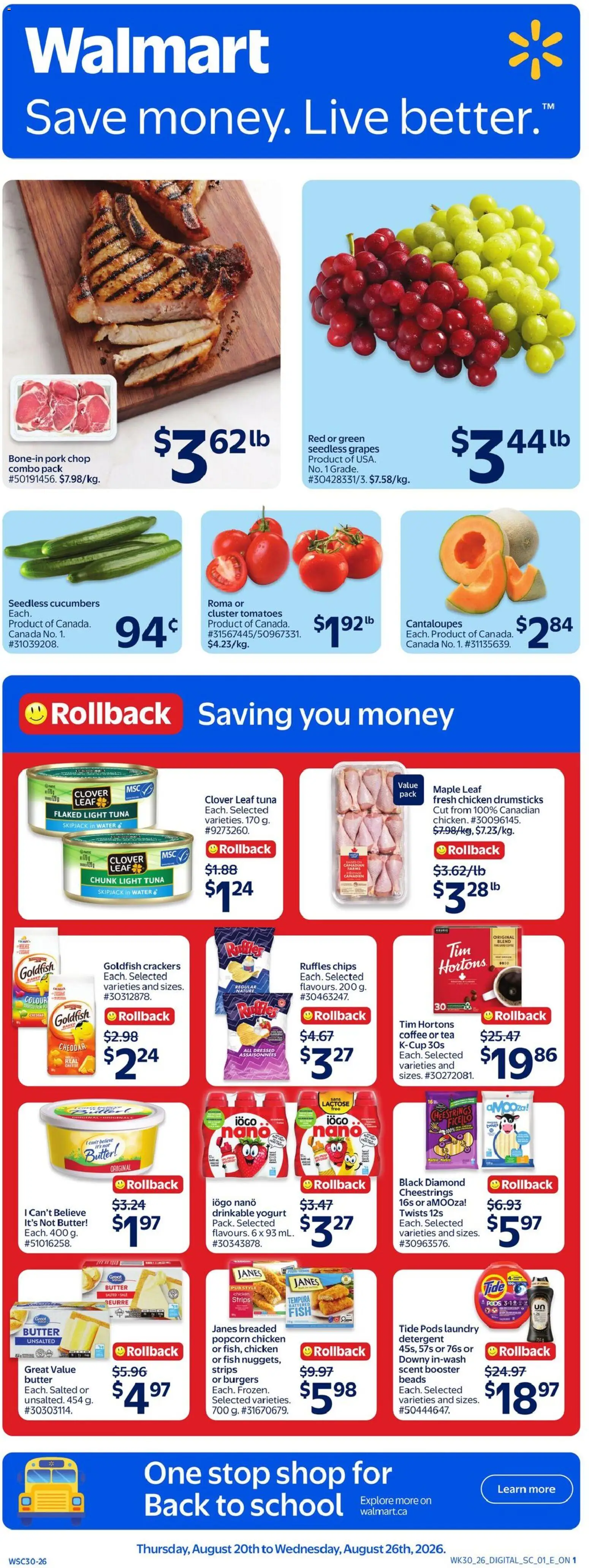 Walmart flyer valid from Aug 20, 2026 | Page: 1 | Products: Burgers, Strips, Pork chop, Chicken
